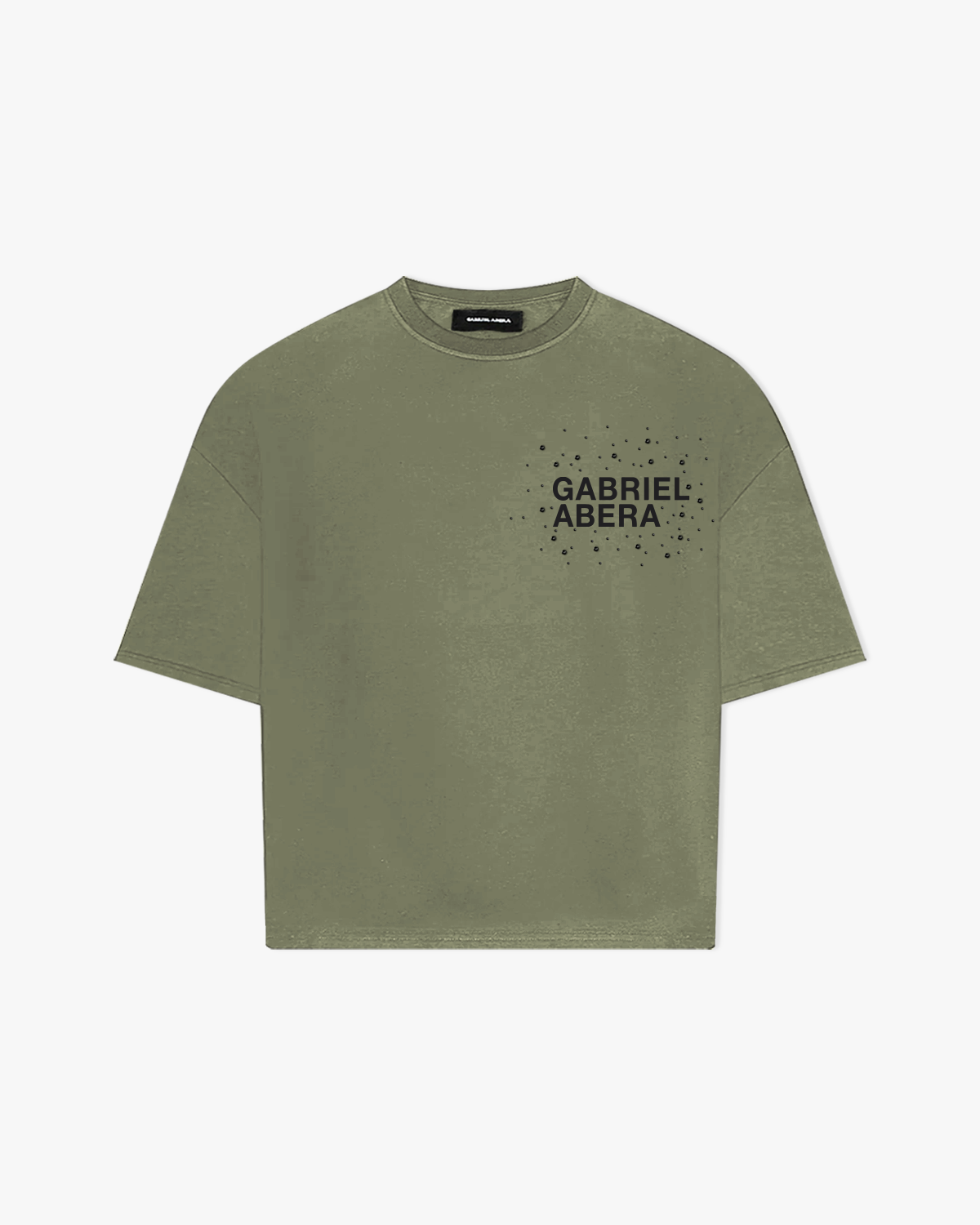 Olive green boxy oversized T-shirt with black rhinestones around logo by Gabriel Abera