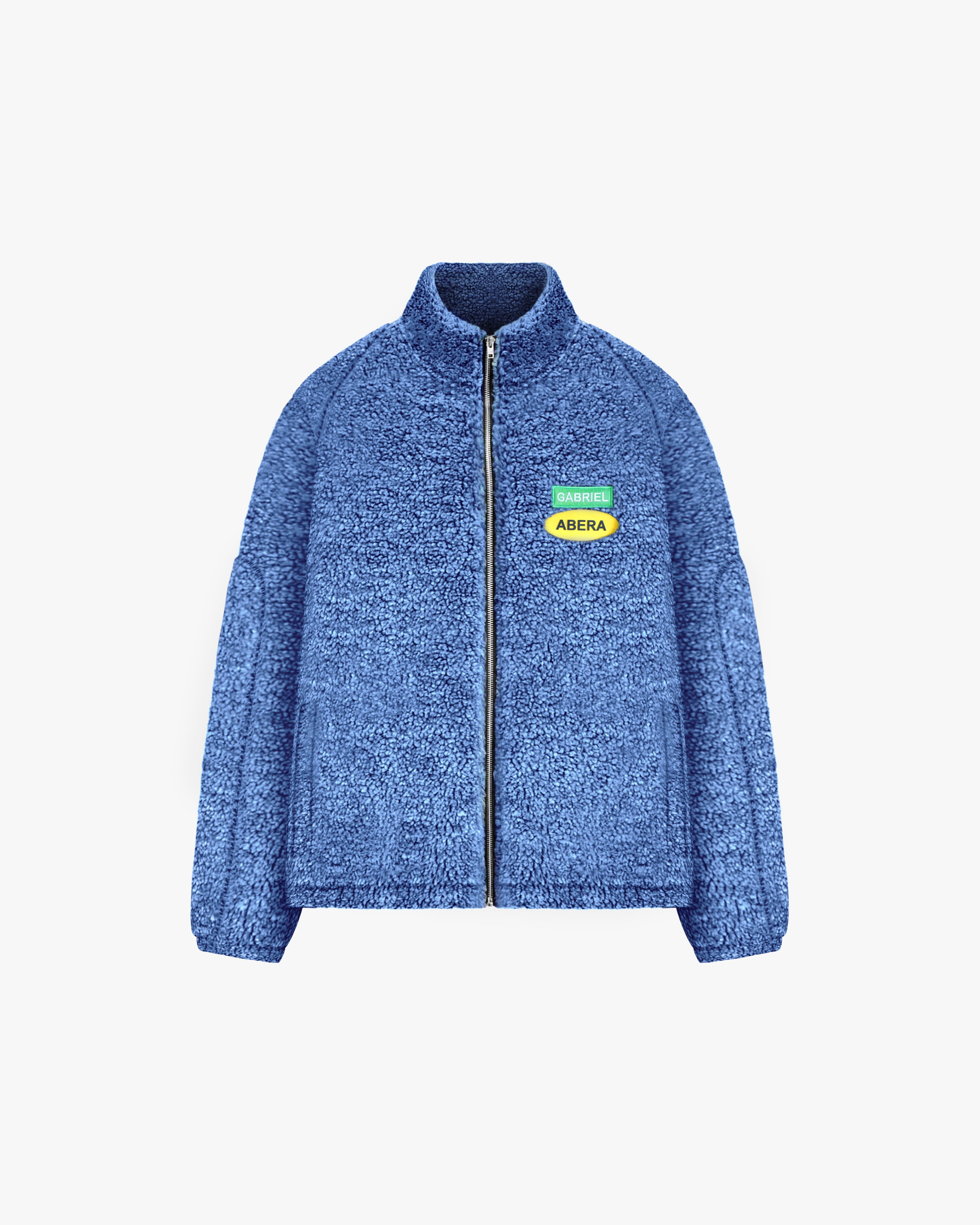Blue fleece jacket with green yellow brand patches by ABRIEL ABERA.