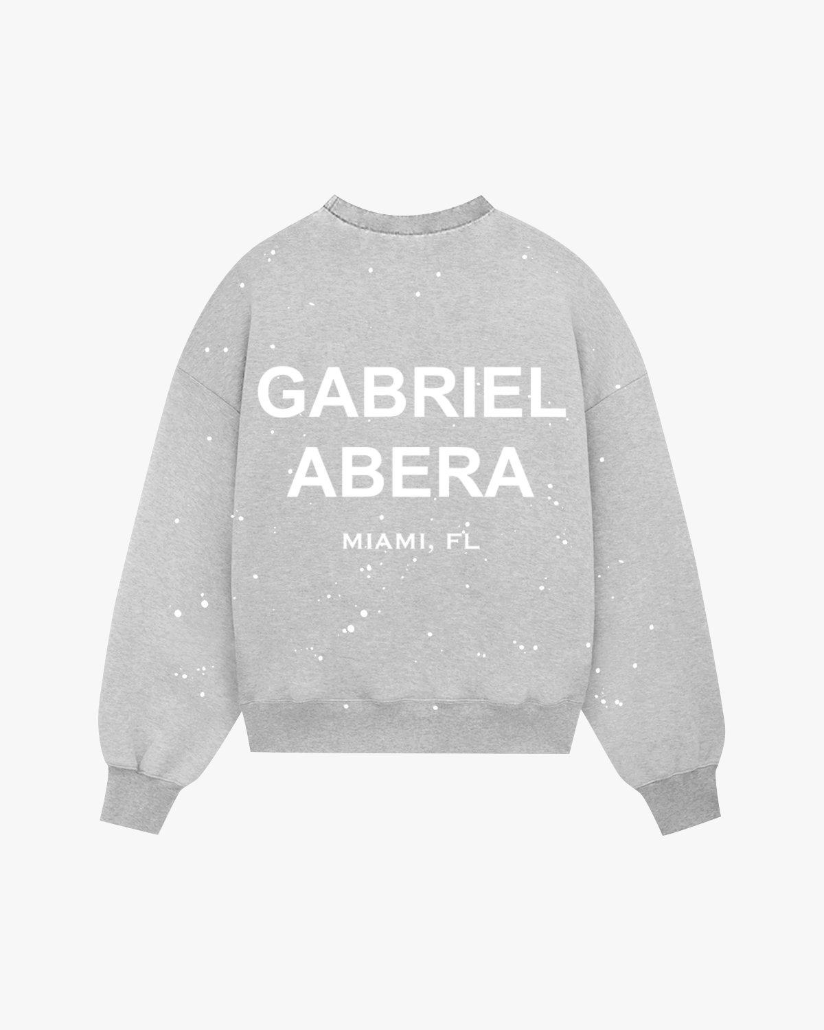 Back view des grauen Splattered Sweaters mit relaxed oversized Fit, weißen Puff Print und einzigartigen Paint Splatter Details.