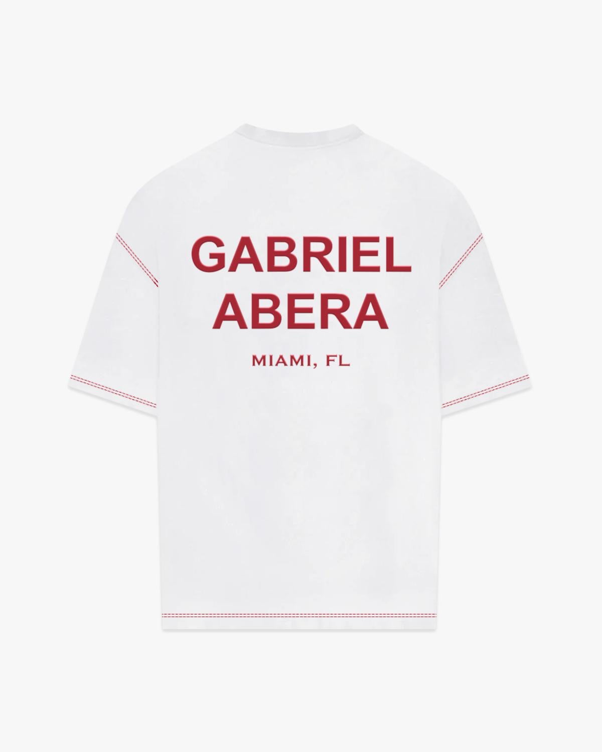 Back view of Grey 'Who Needs Love?' Puff T-Shirt by Gabriel Abera with bold puff print, red seam detail, and oversized streetwear fit.