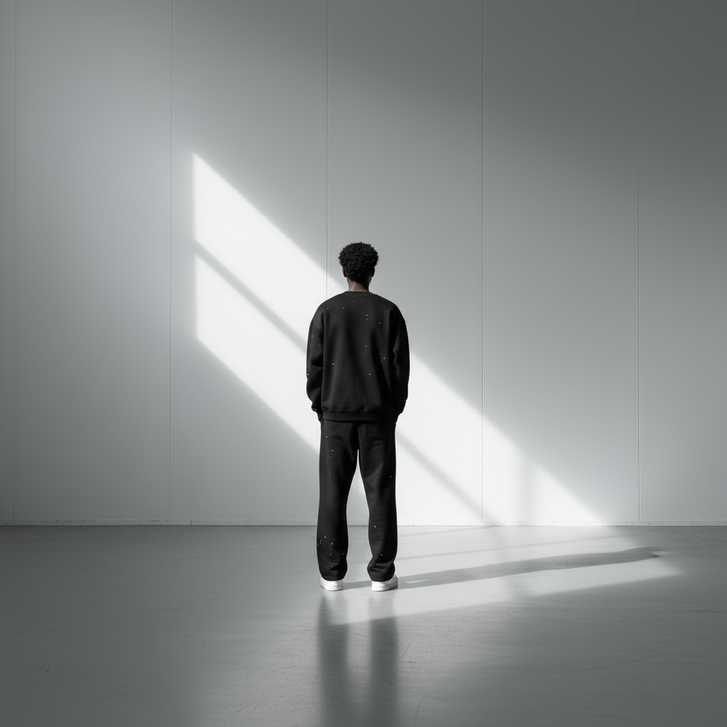 Model von hinten im GABRIEL ABERA Splattered Puff Sweater & Pants Black/White – Einsatz des Puff-Prints und Splatter-Muster sichtbar.