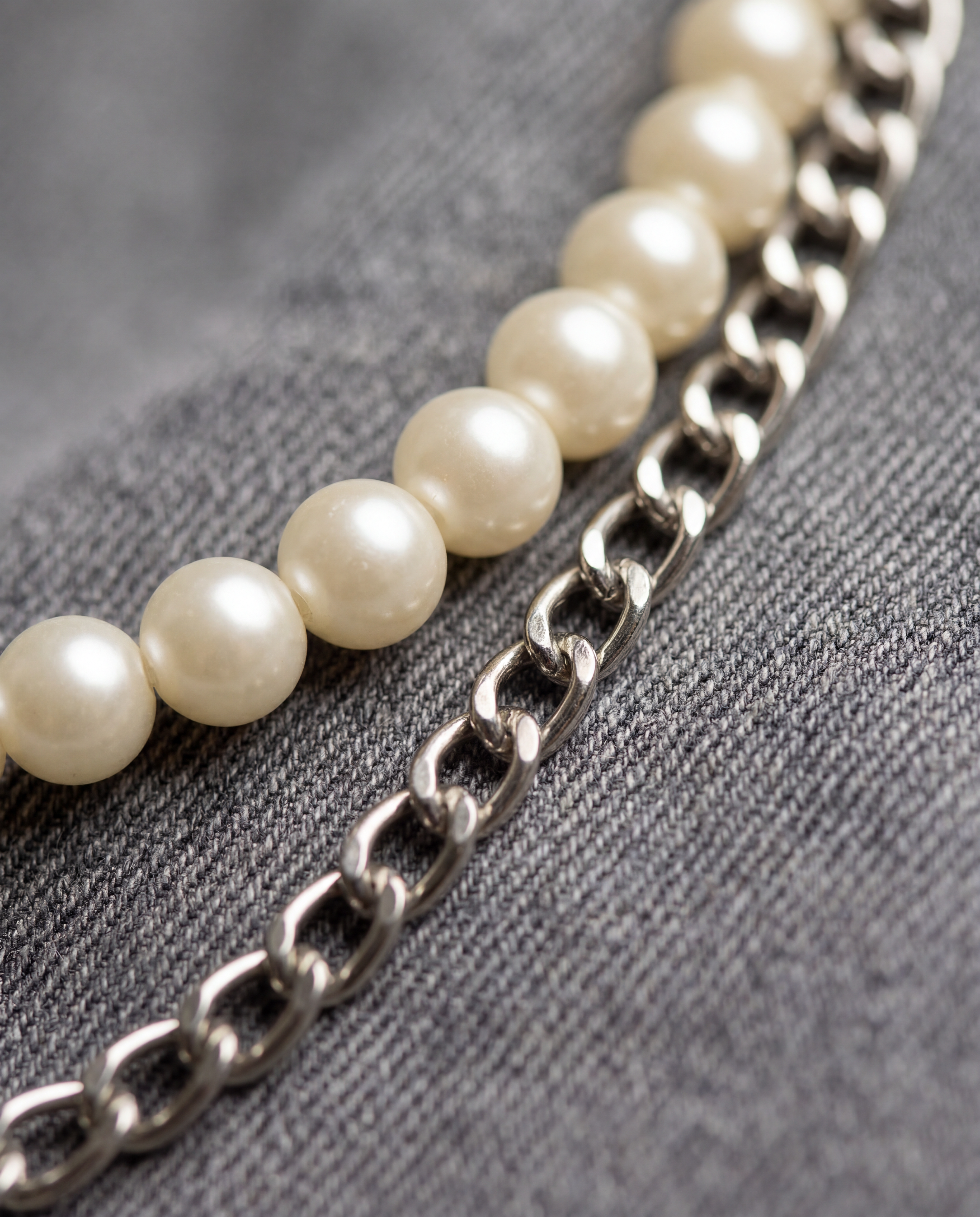 Close-up of paerl chain on grey stonewashed denim jeans by GABRIEL ABERA.