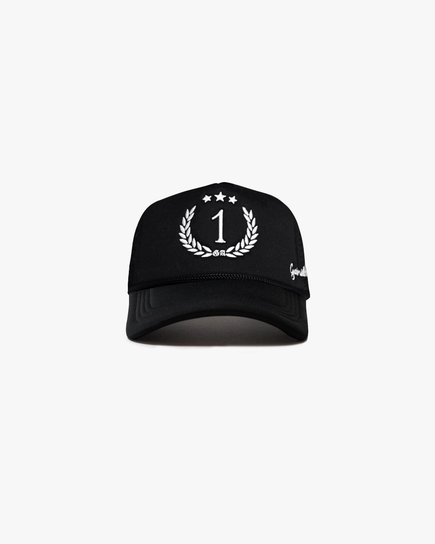 Black cap with white number 1 embroidery in the front
