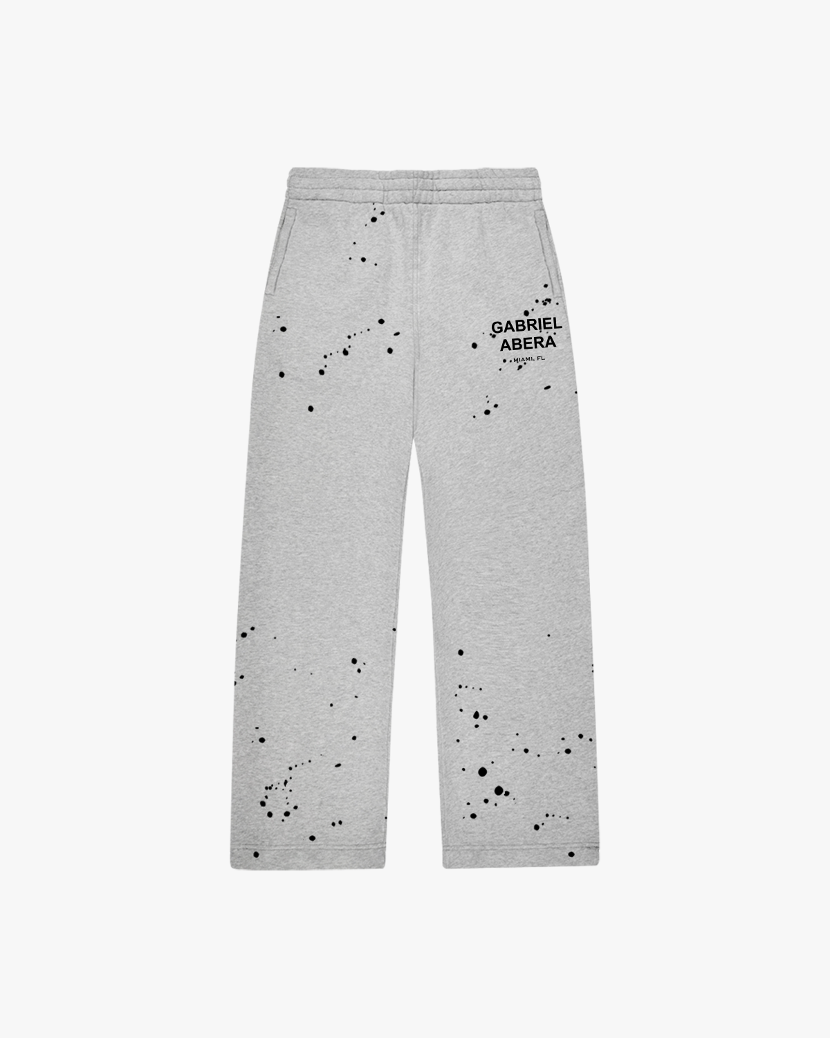 Front view of Grey Splattered Sweatpants with hand-painted details, puff print, and relaxed streetwear fit.
