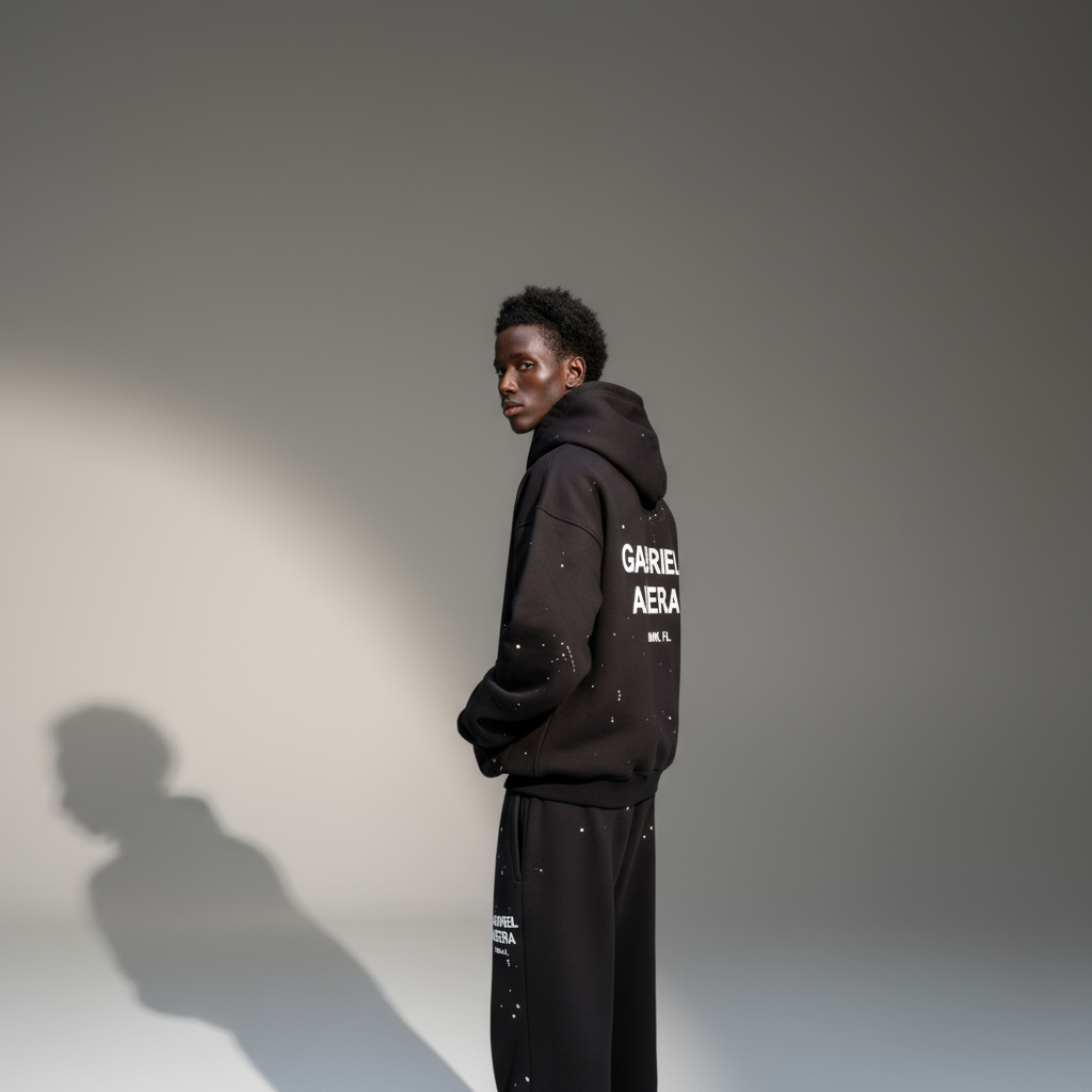 GABRIEL ABERA – Signature Streetwear Look. Model rtrack black splattered tracksuit.
