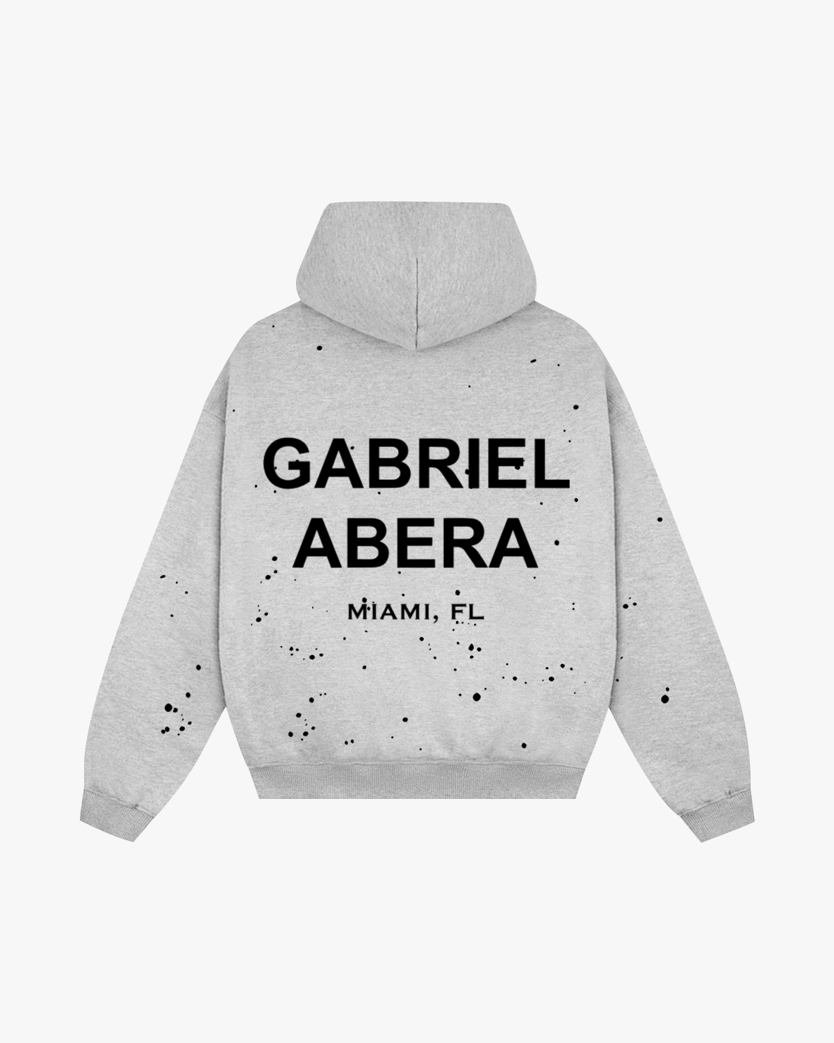 Rückansicht des grauen Splattered Hoodies mit Oversized Fit, handbemalten Details und großem schwarzem Puff Print.