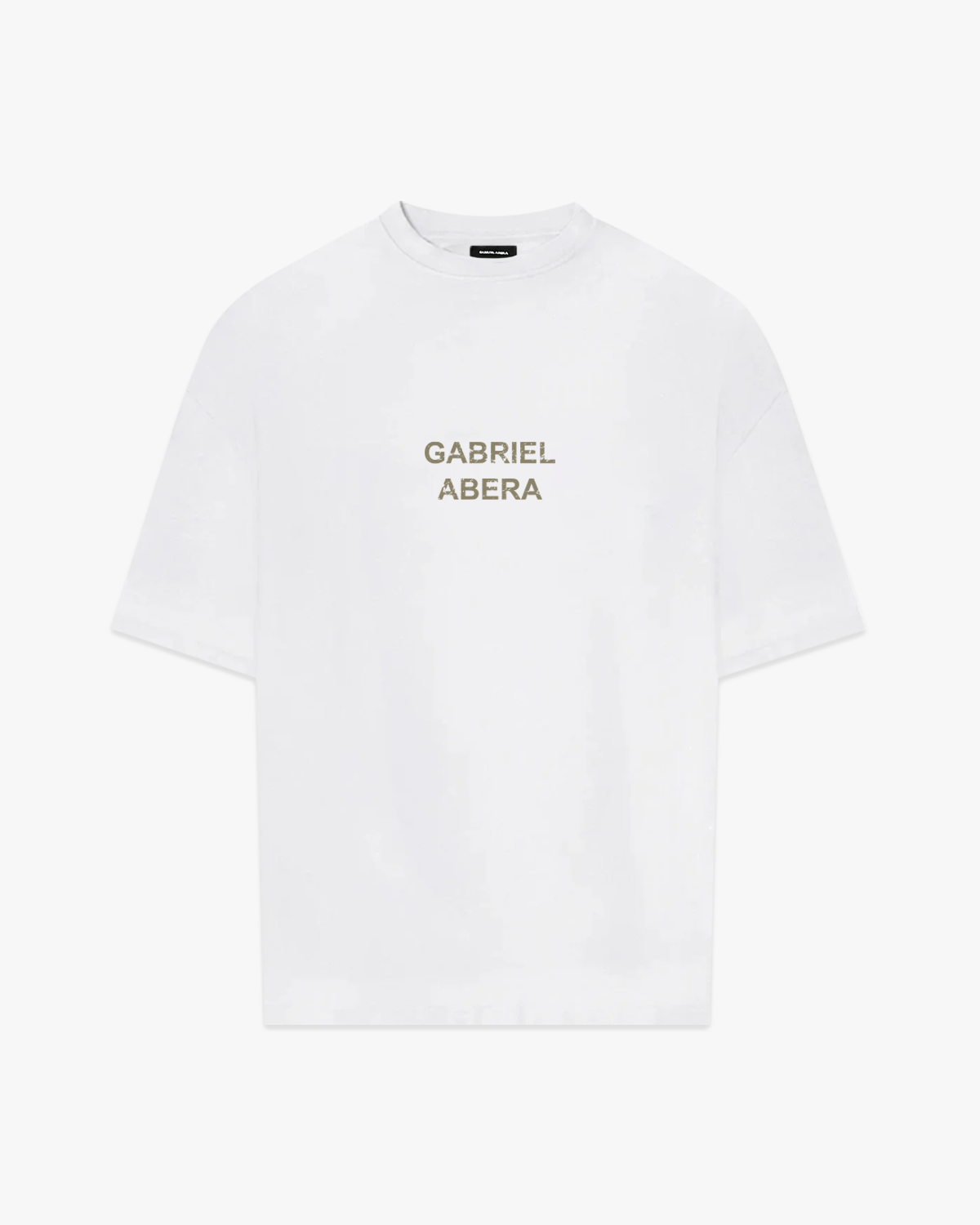 GA T-Shirt in cream white with khaki logo, flat lay showing classic crew neck and short sleeves