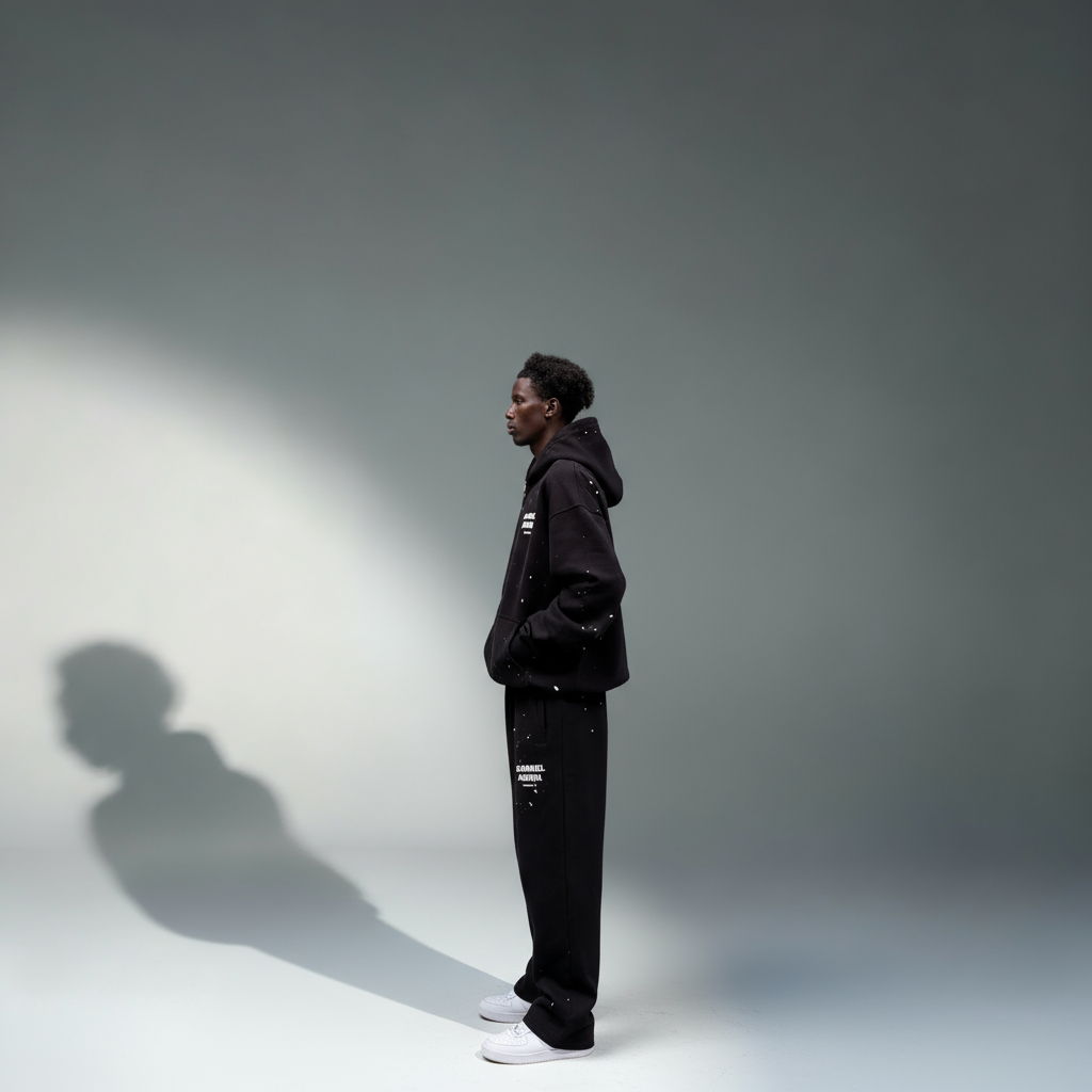 Model trägt GABRIEL ABERA Splattered Puff Hoodie Black/White – Seitenansicht, lockerer Oversized Fit und künstlerisches Paint Splatter Design. Puff-Print Detail des GABRIEL ABERA Splattered Puff Hoodie und Pants im Set.