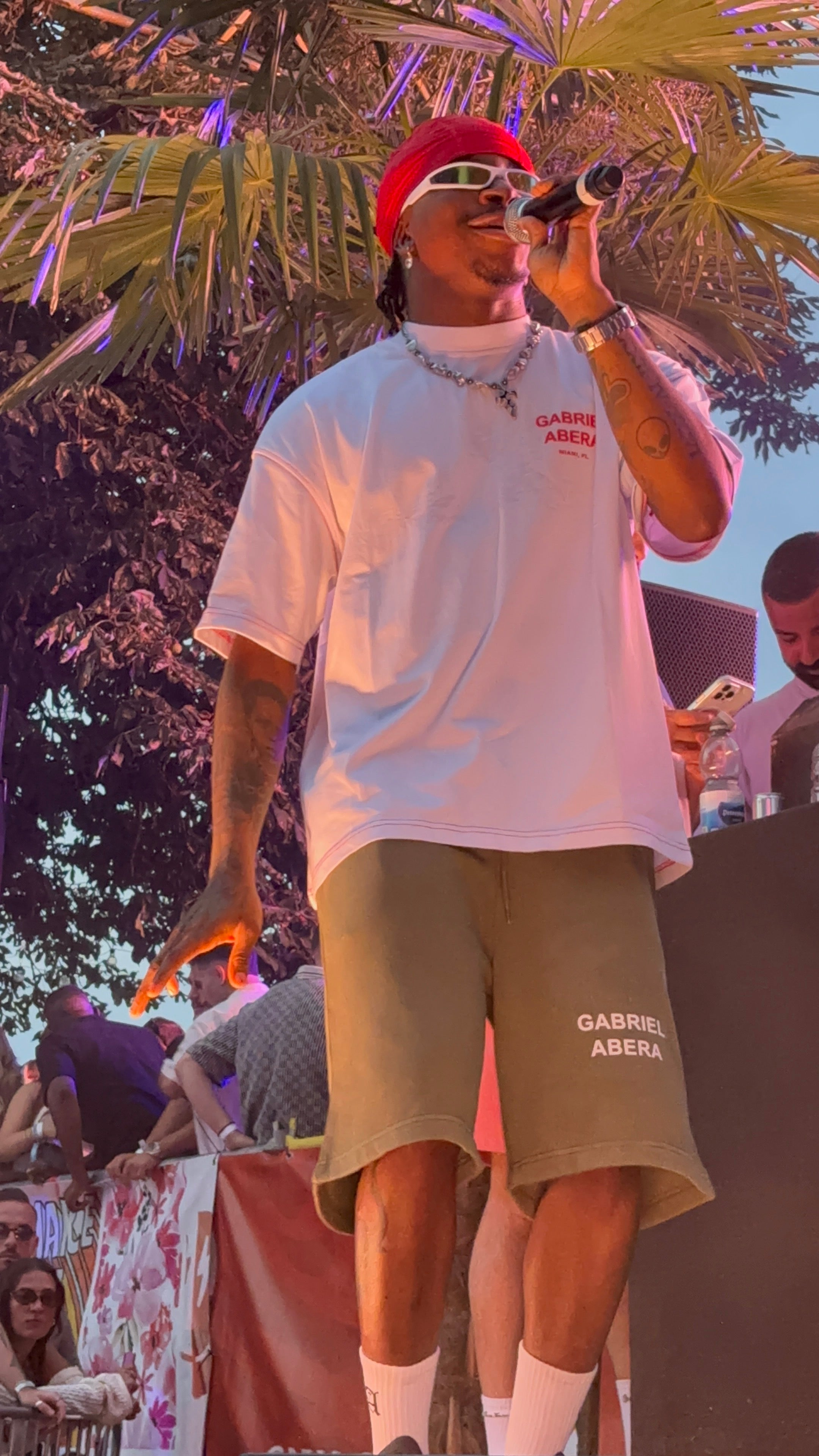 Oxlade rocking Gabriel Abera streetwear — Vintage Shorts and Basic Puff Tee — during his headliner performance at Cabana Beach Mannheim. Afrobeats meets bold street style. #ExpressYourself