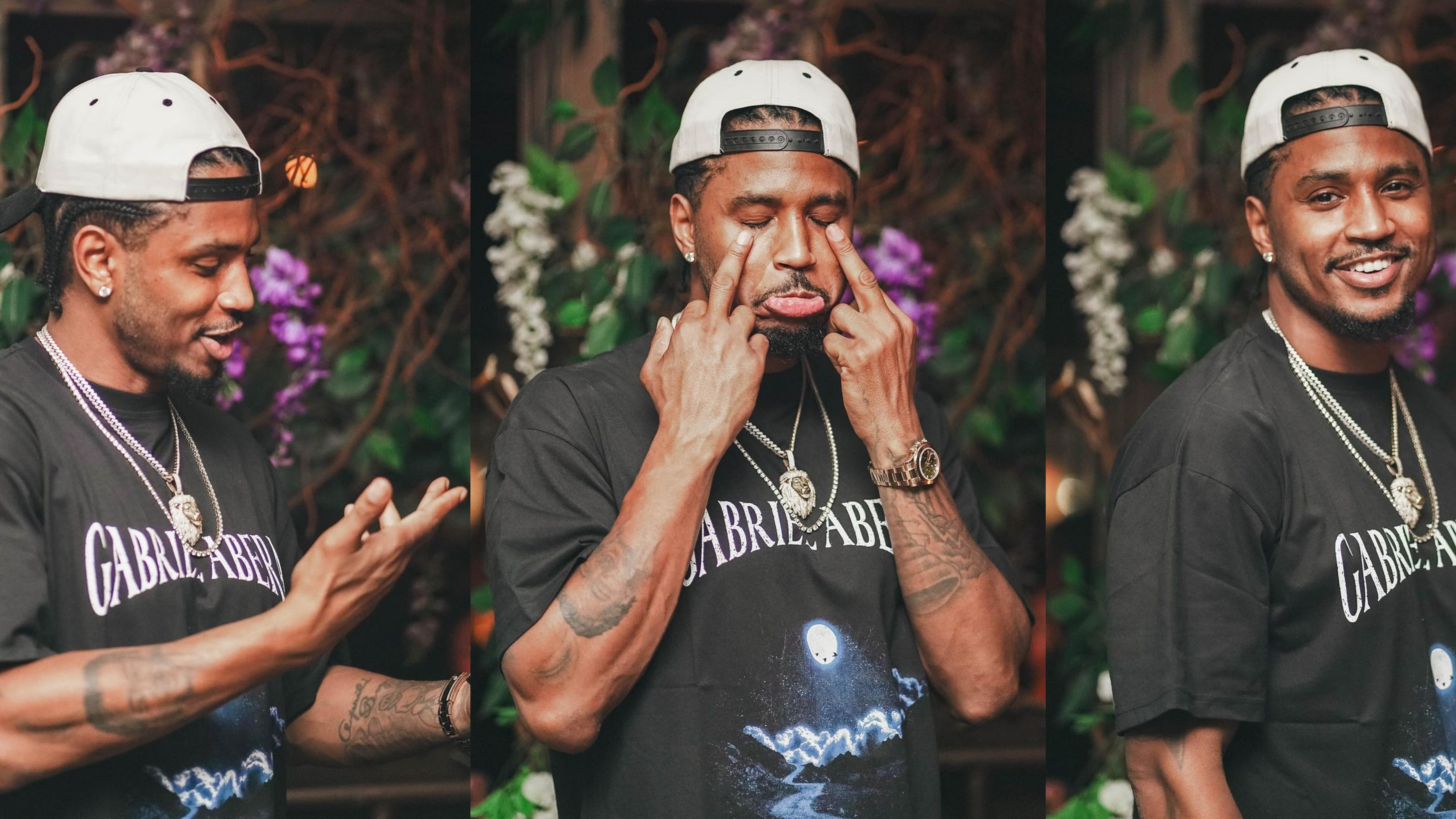 US R&B artist Trey Songz in a Gabriel Abera premium streetwear tshirt and cap, part of the new luxury streetwear collection designed in Europe.