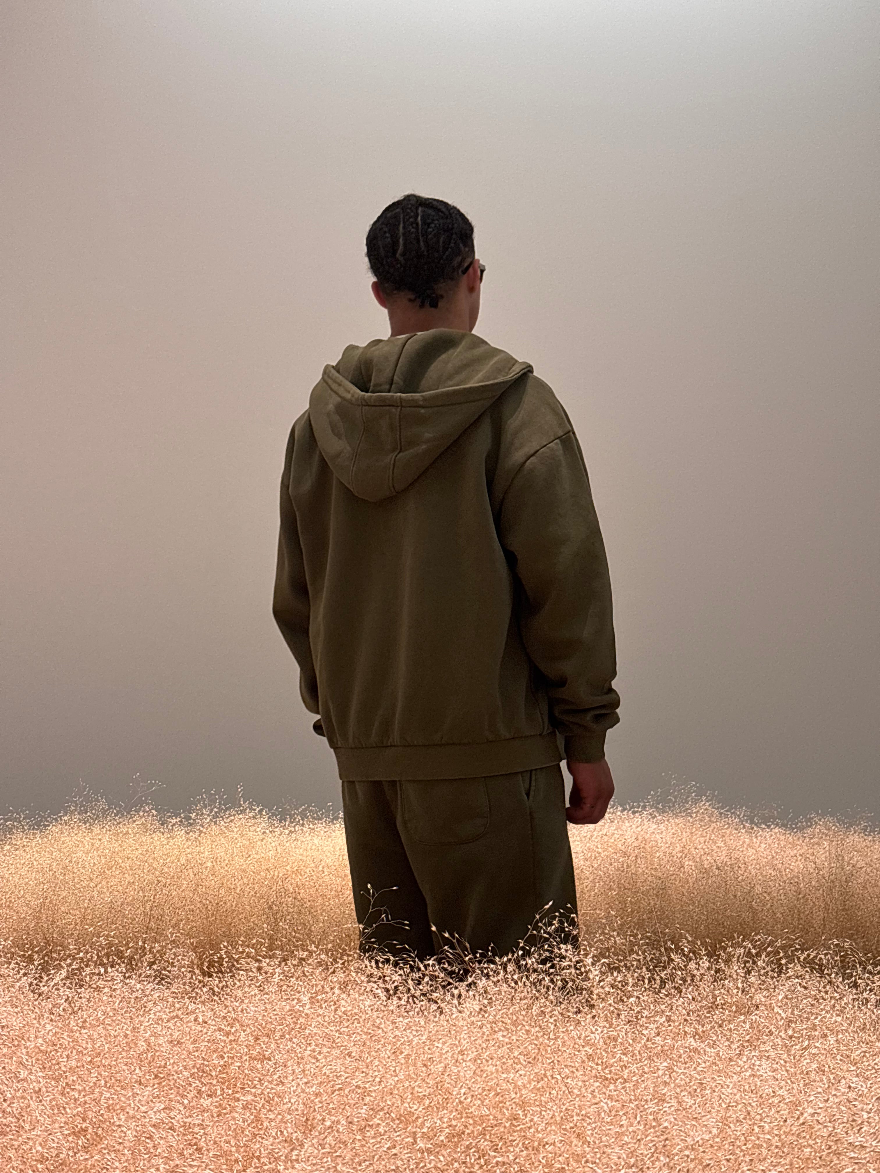Back with model – olive cotton shorts unisex