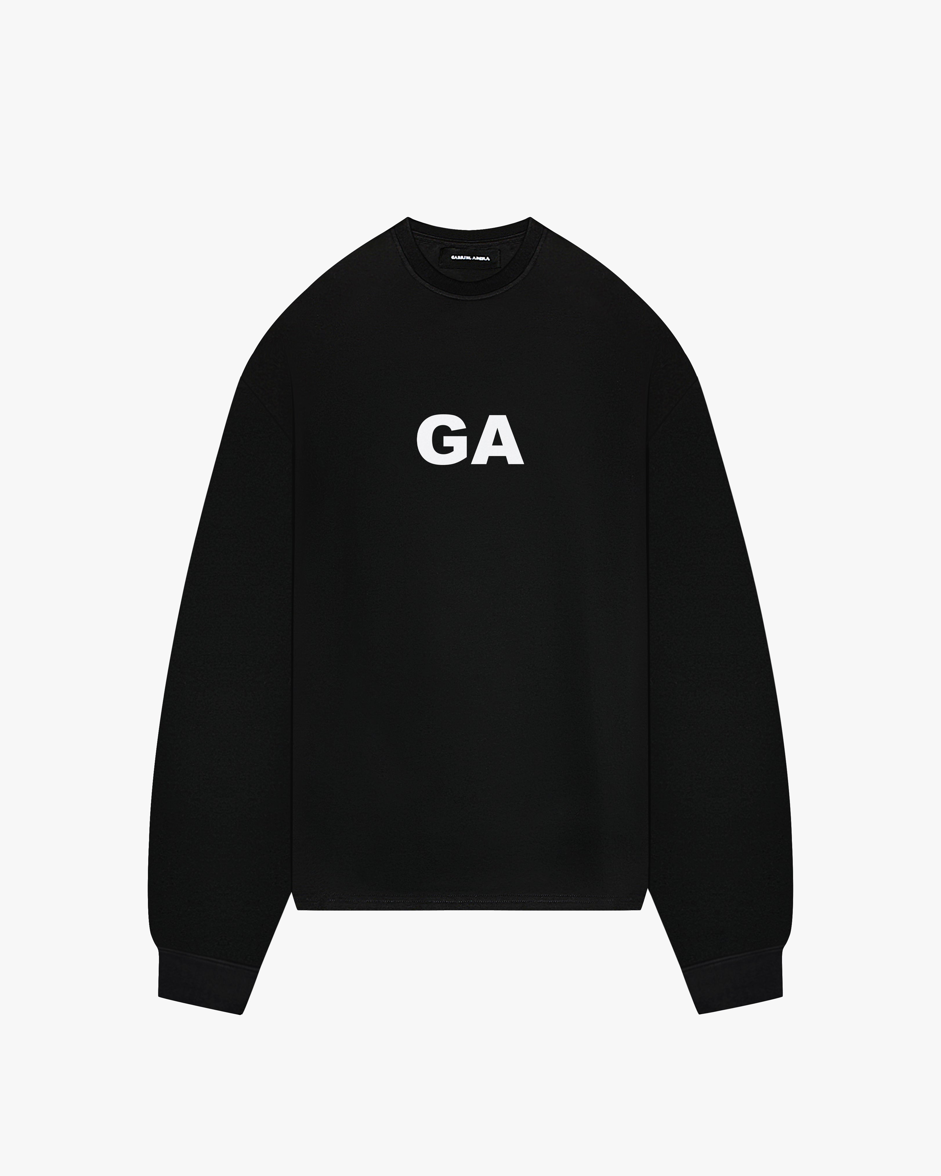 Black oversize long sleeve with Capital white letters GA in the front