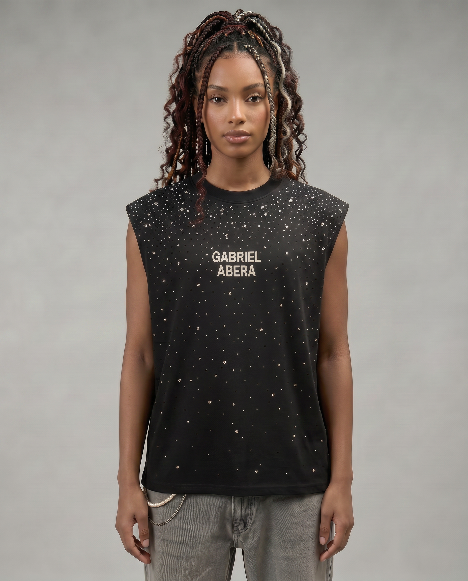GABRIEL ABERA Rhinestone Universe Tanktop Black – male model wearing oversized black rhinestone tank top, front view