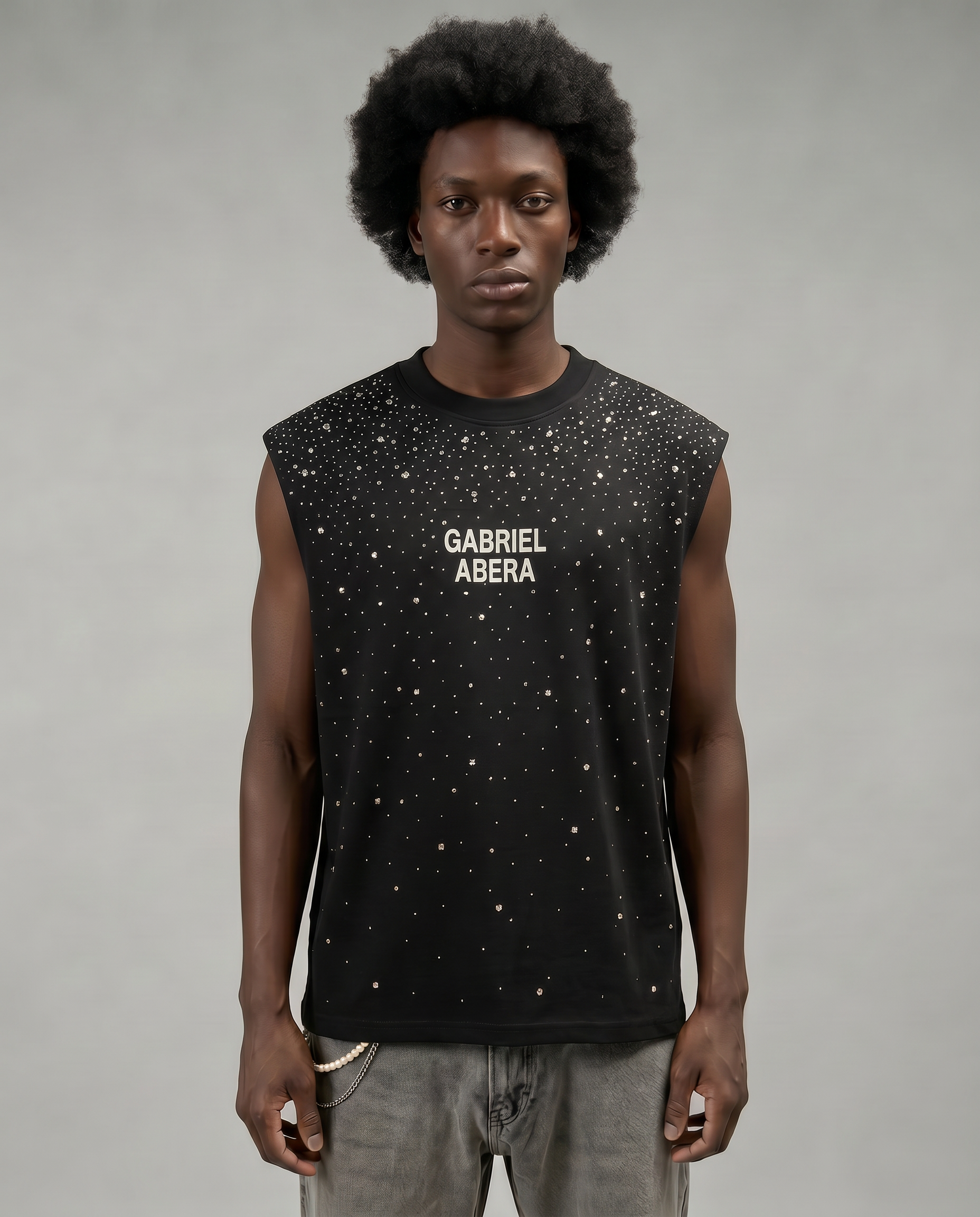 GABRIEL ABERA Rhinestone Universe Tanktop Black – flatlay product shot, heavyweight 360gsm black cotton tank top with rhinestones