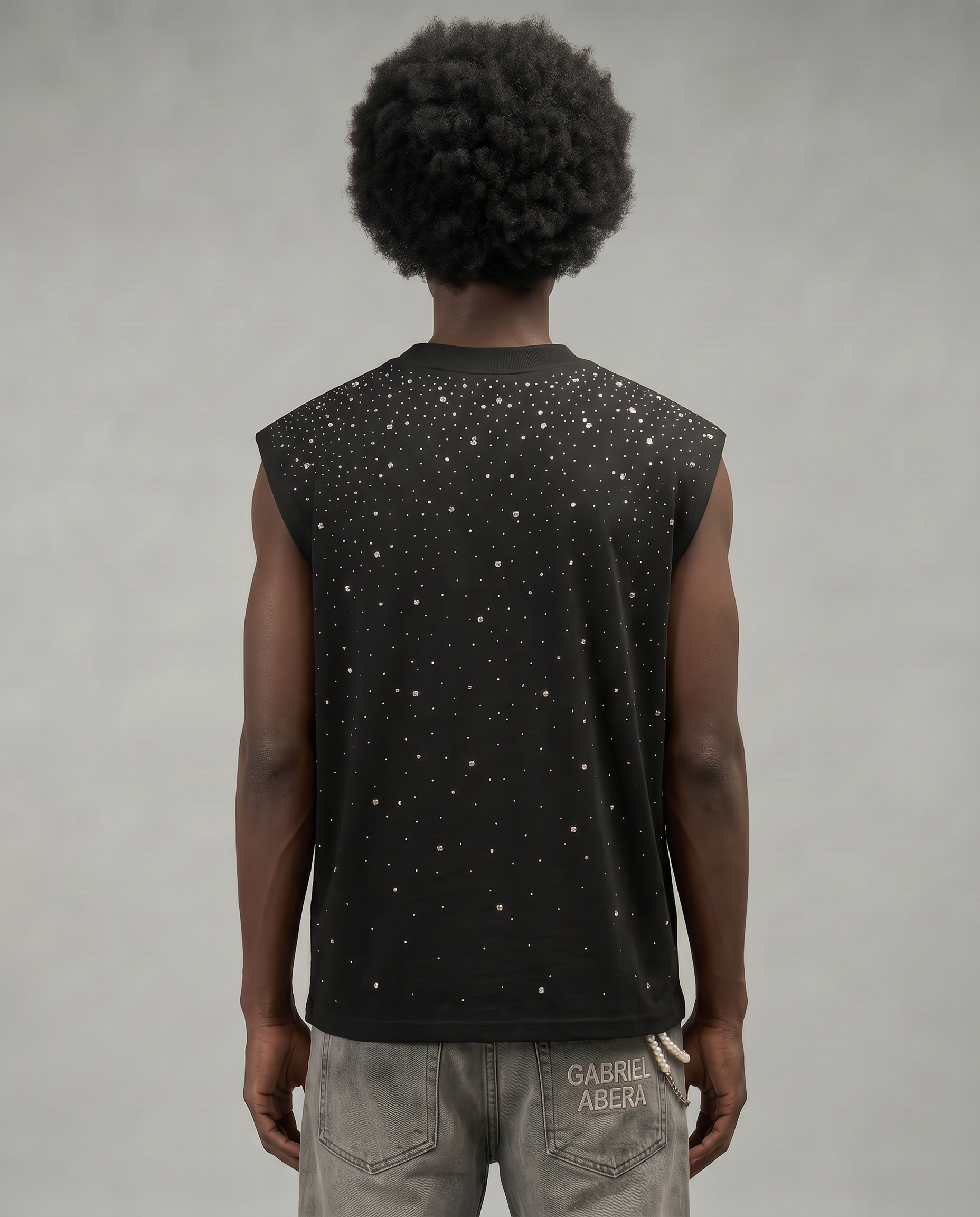 GABRIEL ABERA Rhinestone Universe Tanktop Black – female model wearing oversized black rhinestone tank, relaxed streetwear look