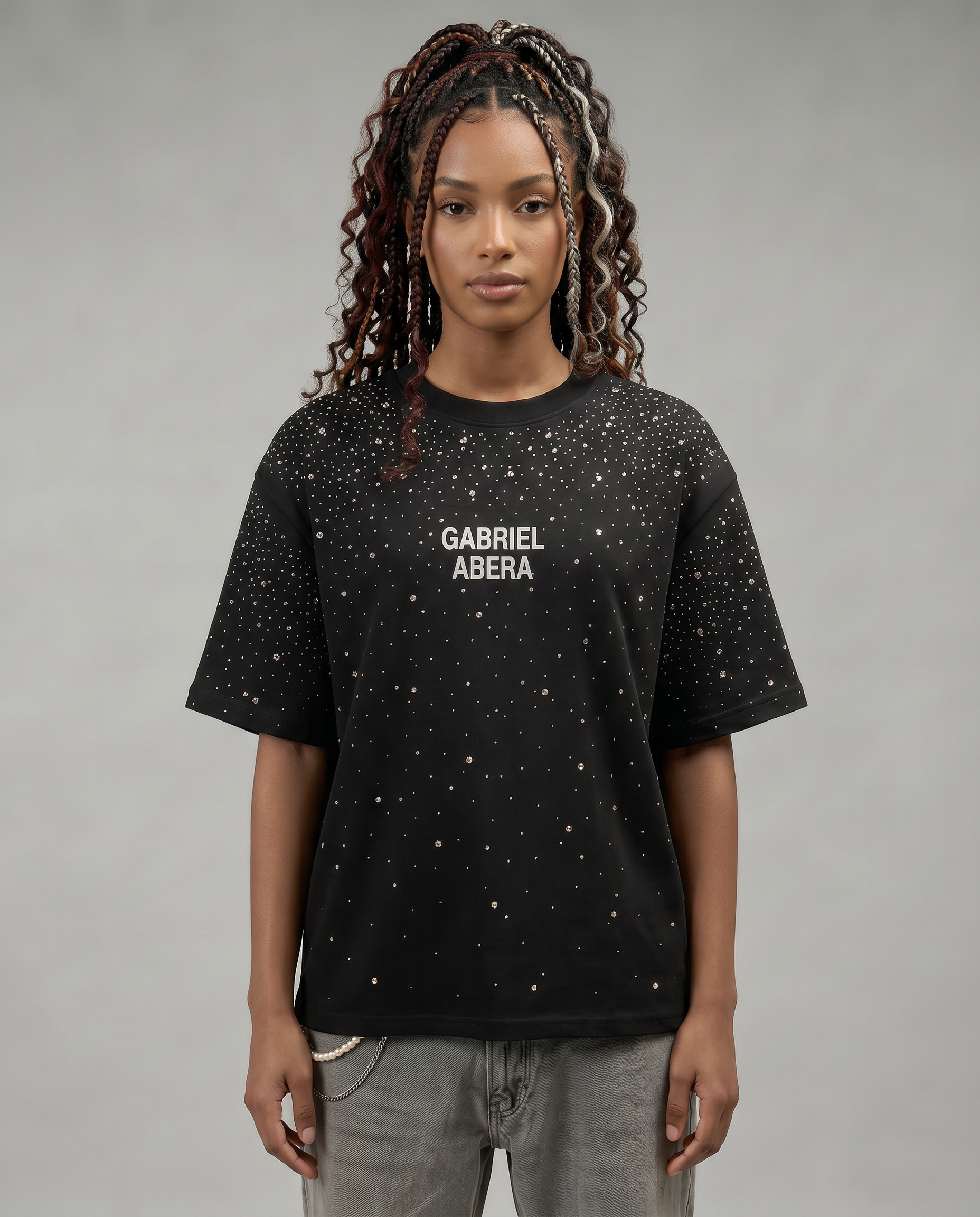 GABRIEL ABERA Rhinestone Universe Tee Black – Frontansicht, handbesticktes Oversized T-Shirt mit funkelnden Strasssteinen