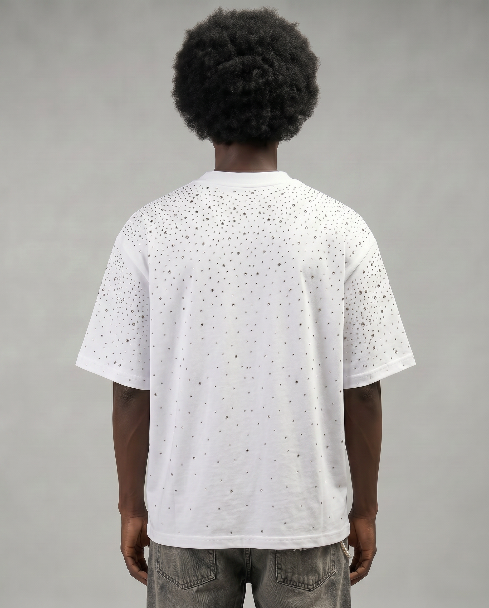 GABRIEL ABERA Rhinestone Universe Tee Off White – male model back view, sparkling rhinestones across shoulders