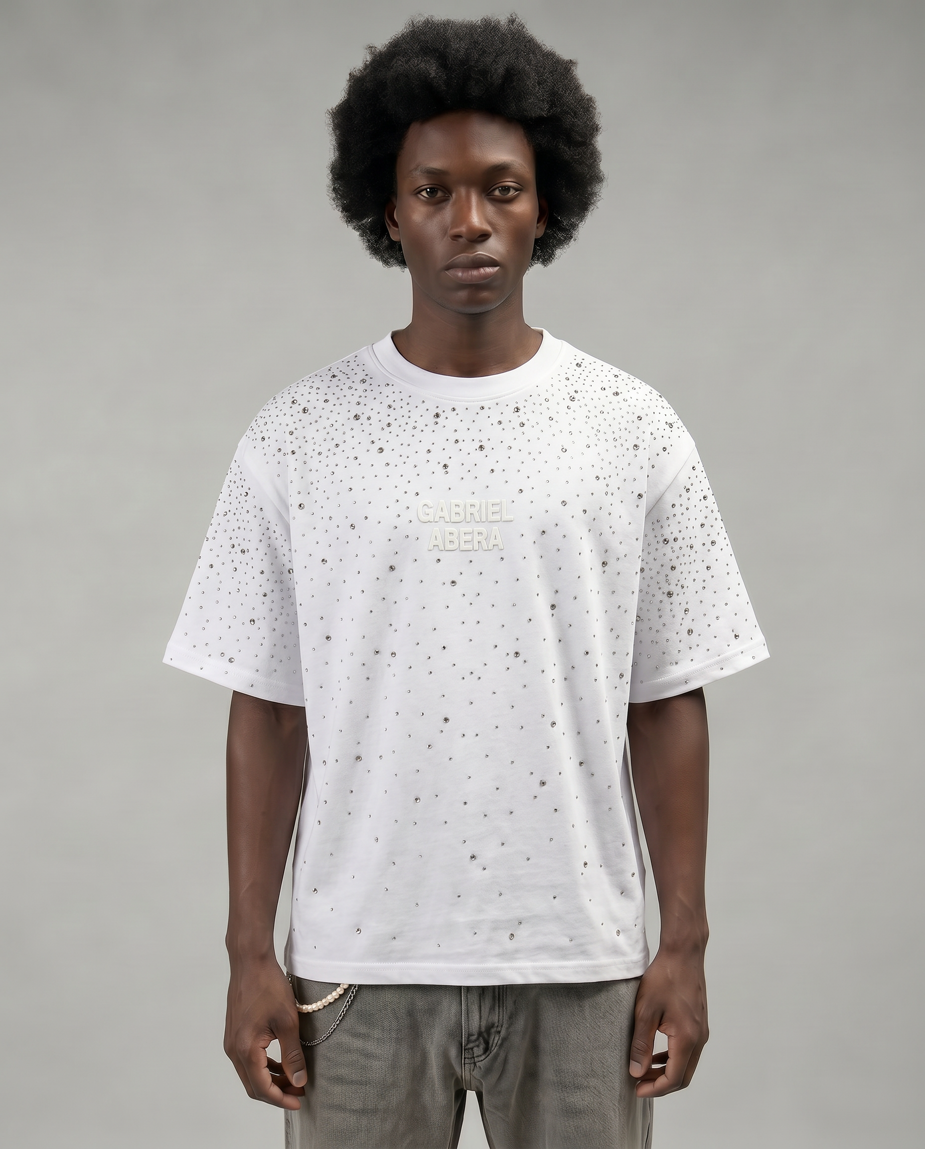 GABRIEL ABERA Rhinestone Universe Tee Off White – flatlay full garment view, oversized streetwear tee made in Europe