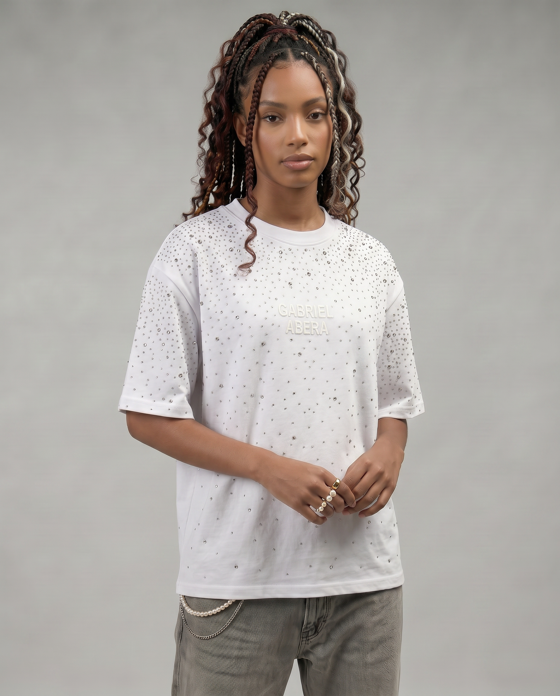 GABRIEL ABERA Rhinestone Universe Tee Off White – flatlay sleeve detail, boxy fit limited edition rhinestone streetwear