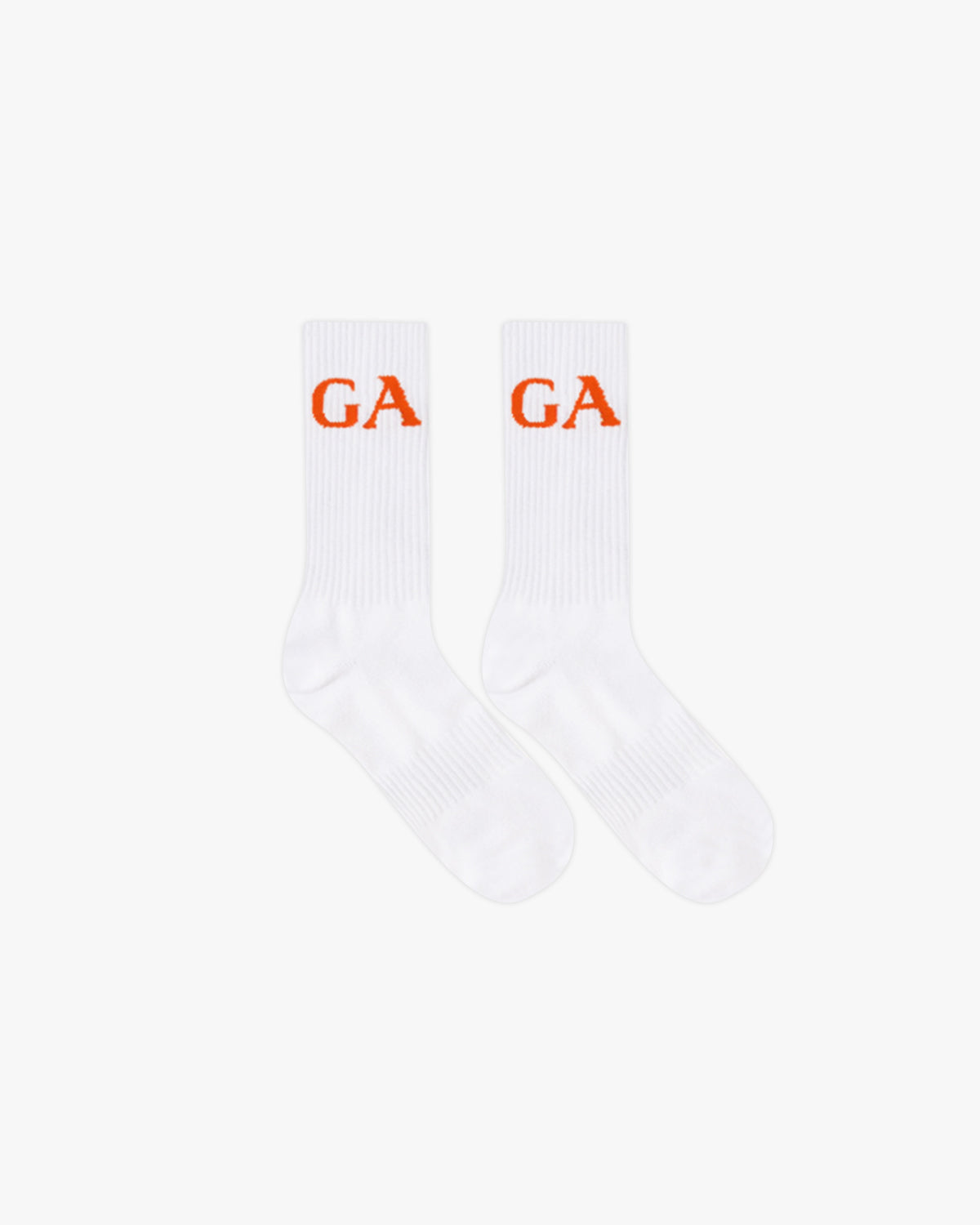 A pair of socks with capital letters GA in orange 