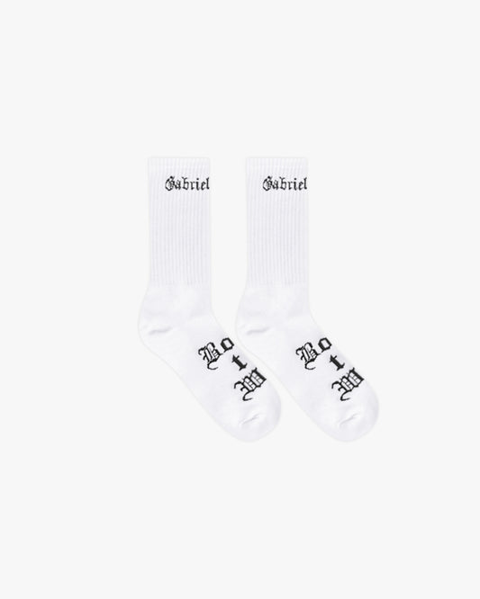 A pair of white socks with brand design