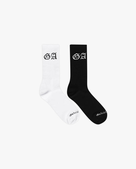 Two pairs of socks with capital letters GA in black and white
