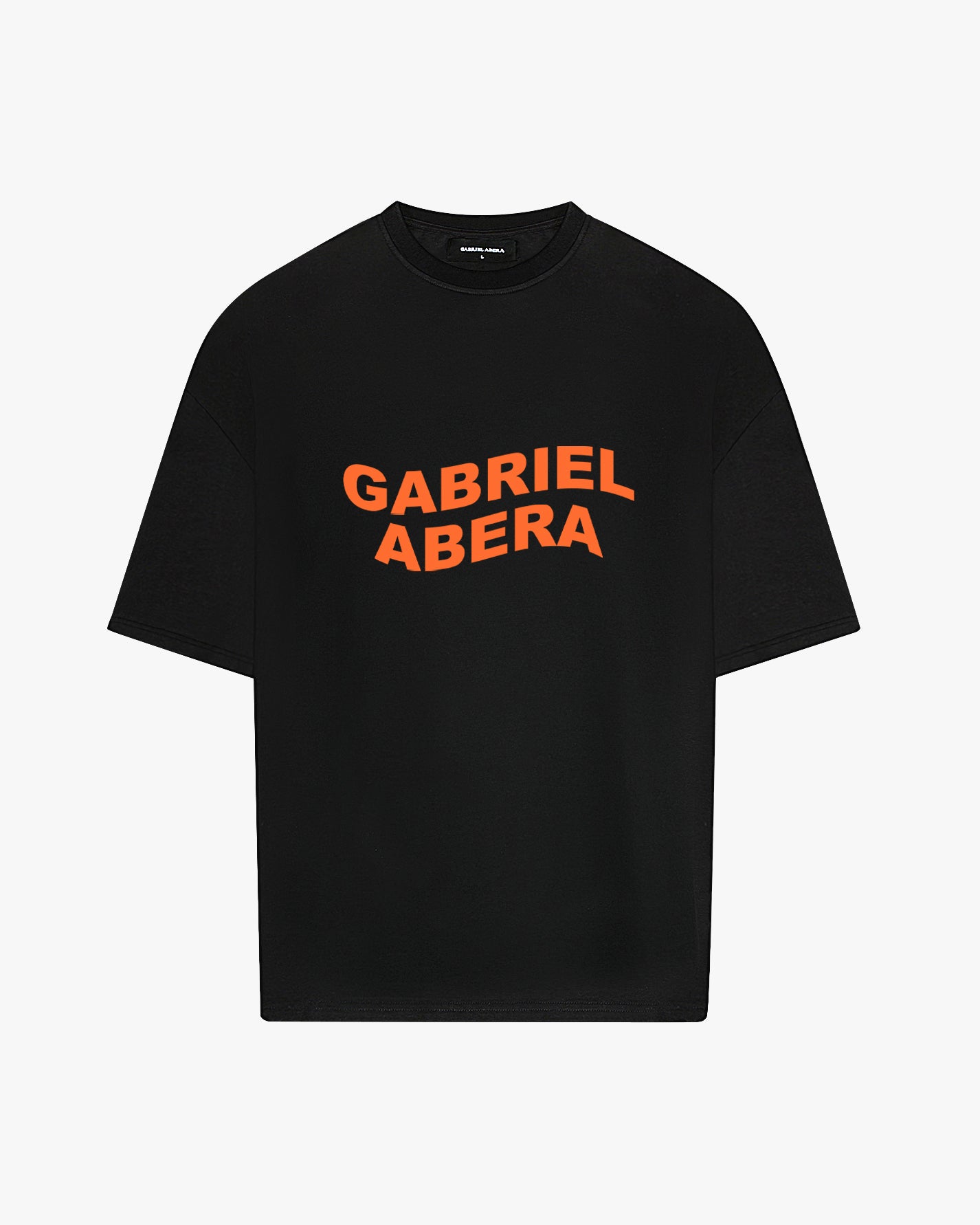 black oversie tshirt with orange wavy brand name design