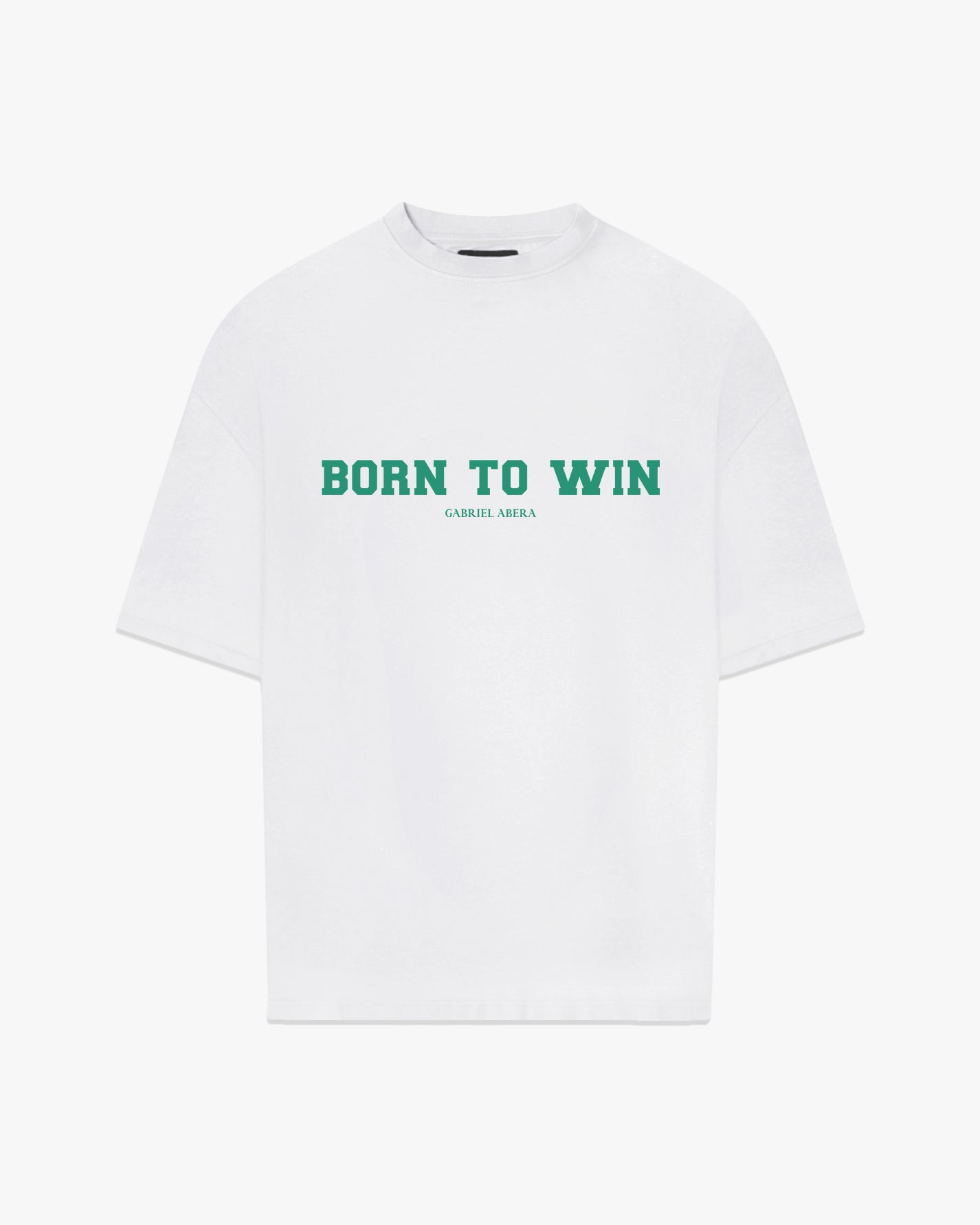 White oversize tshirt with born to win design on the front