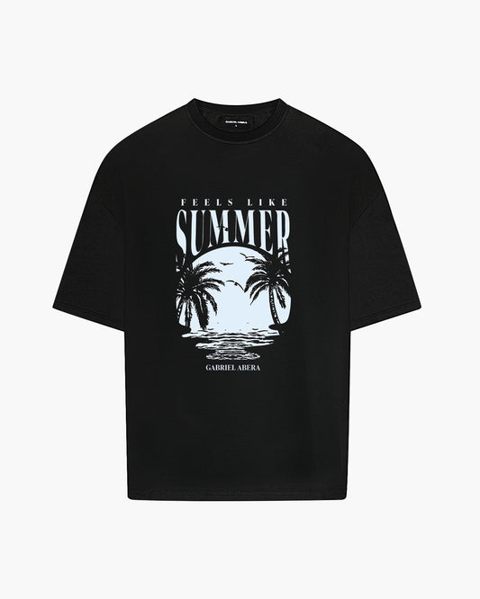 Black oversize tshirt with round white summer design on the front 