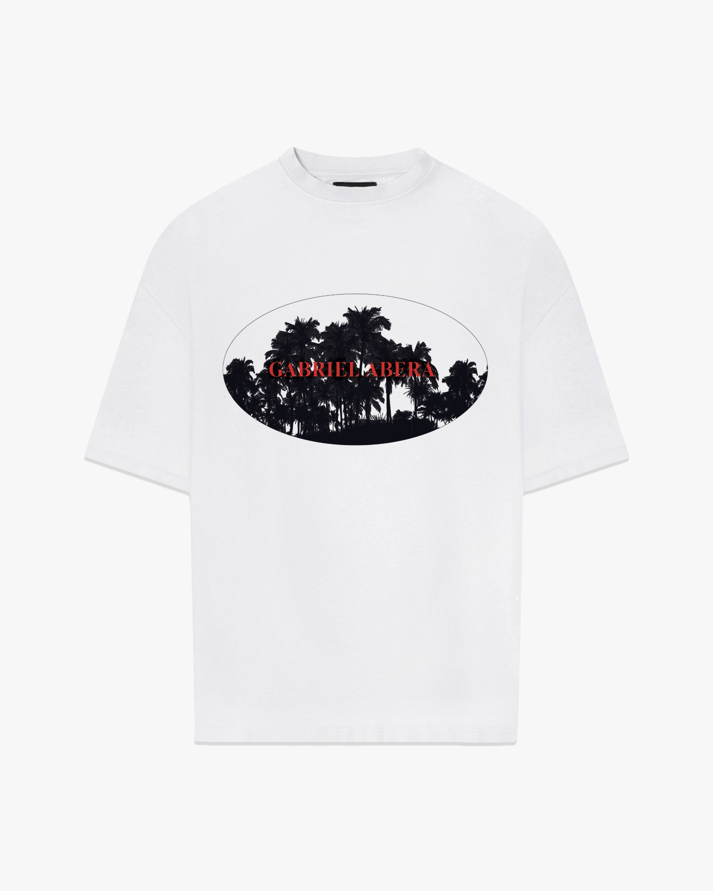 White oversize tshirt with black and red summer design in the front 