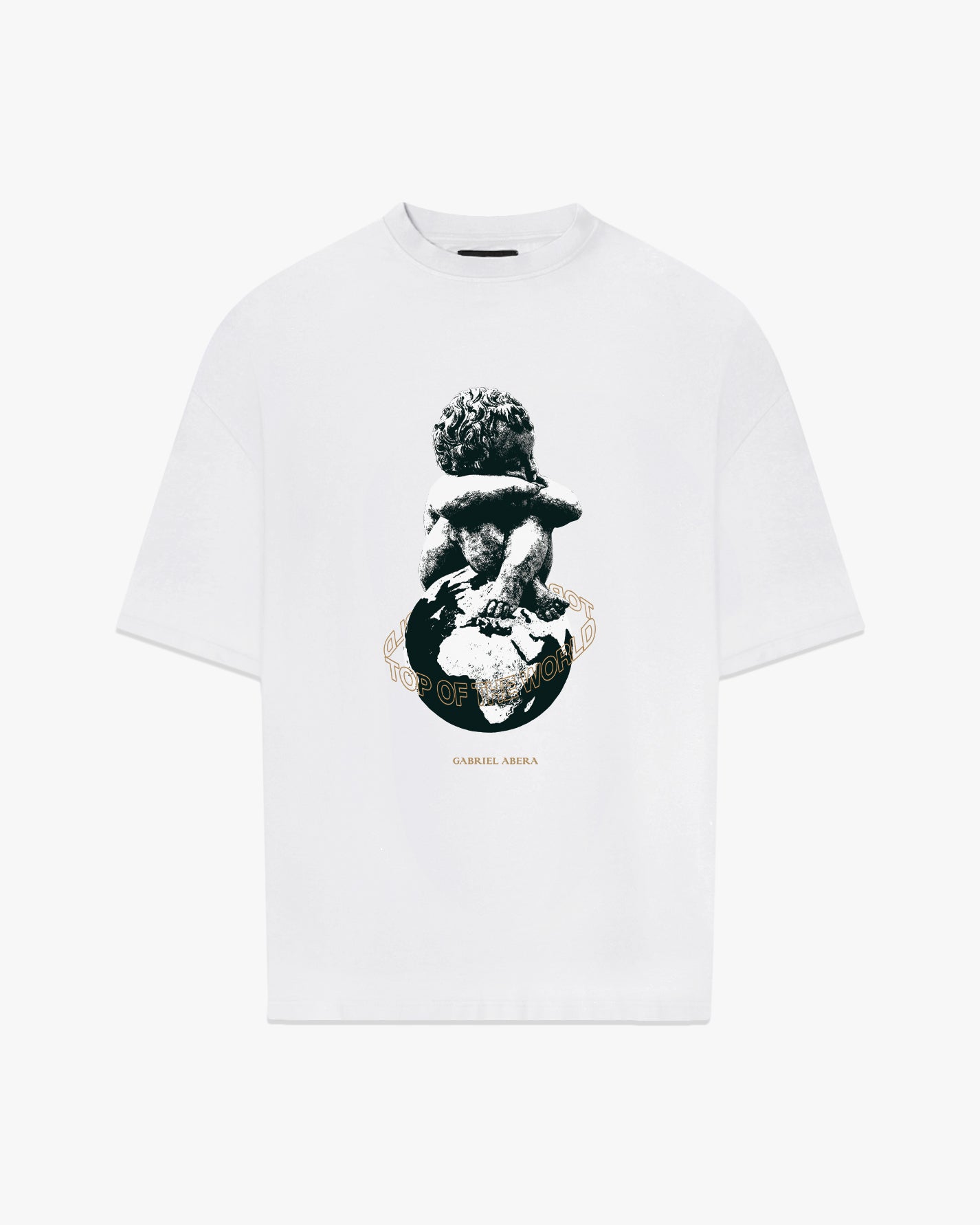 White oversize t shirt with kid on globe design in the front