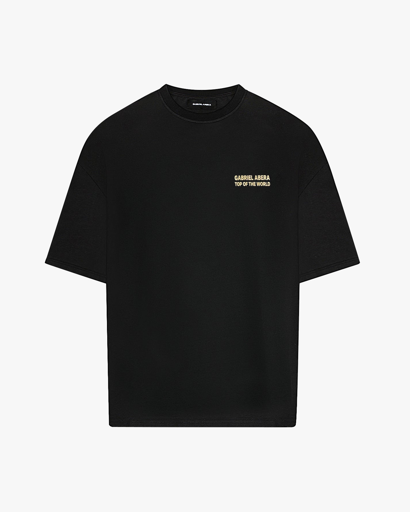 Black oversize tshirt with gold brand name design on the front