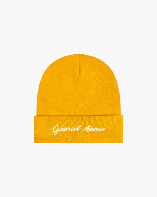 Yellow beanie with brand name embroidery