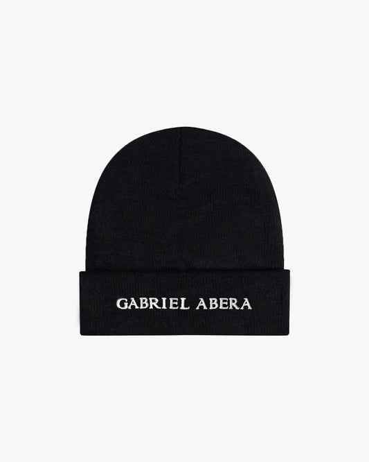 Black beanie with brand name embroidery