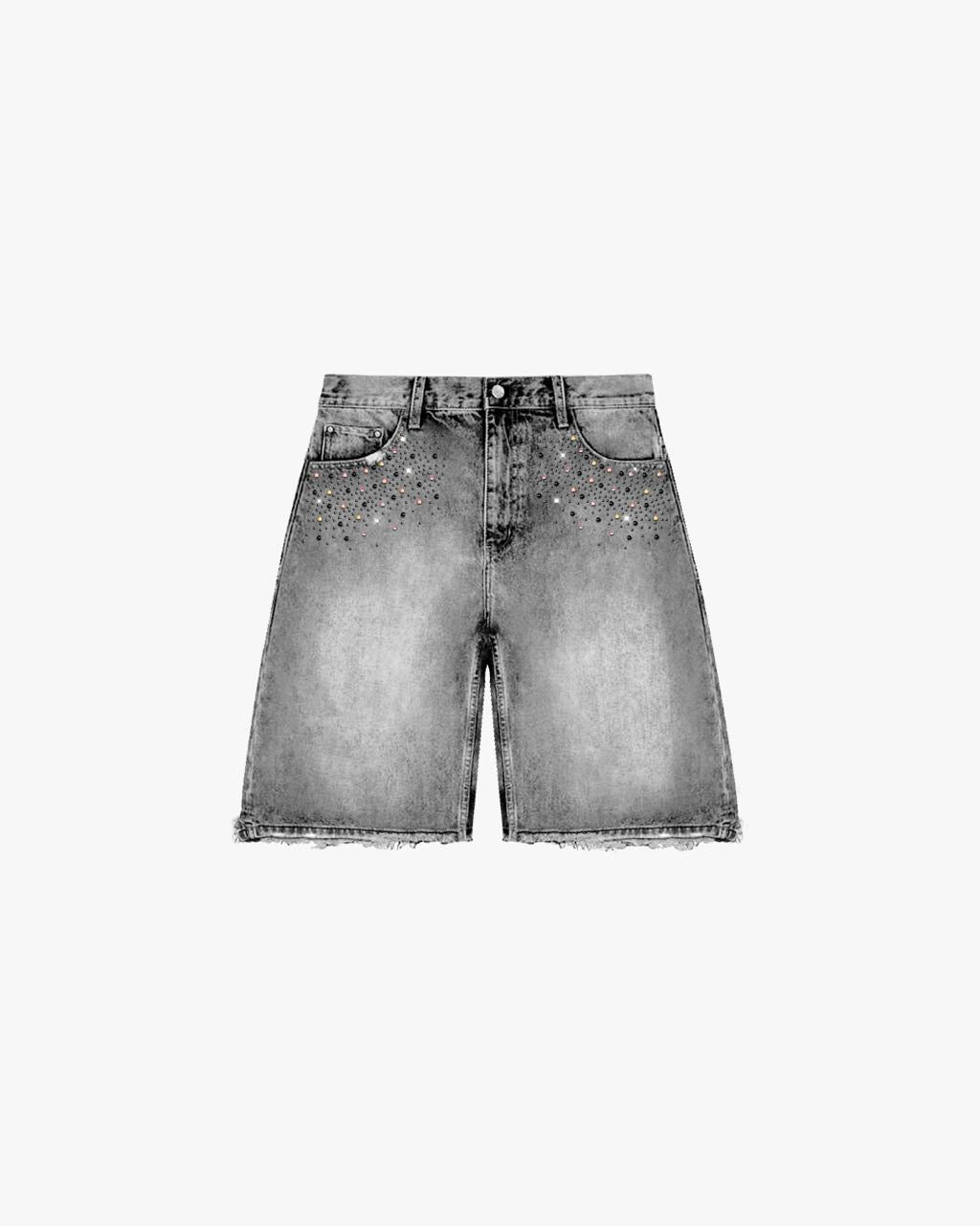 DENIM JORTS WITH RHINESTTONES - WASHED GREY