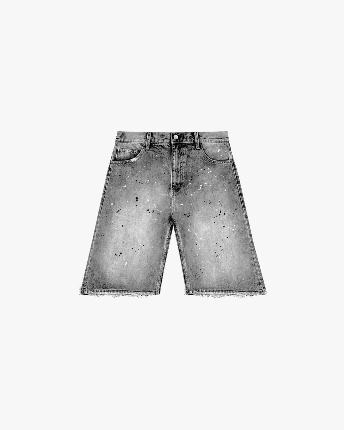 SPLATTERED DENIM JORTS - WASHED GREY