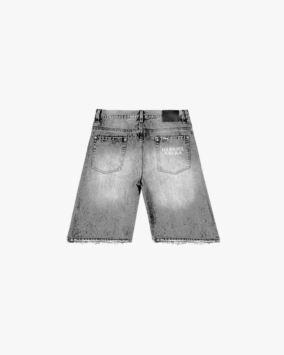 DENIM JORTS WITH RHINESTTONES - WASHED GREY