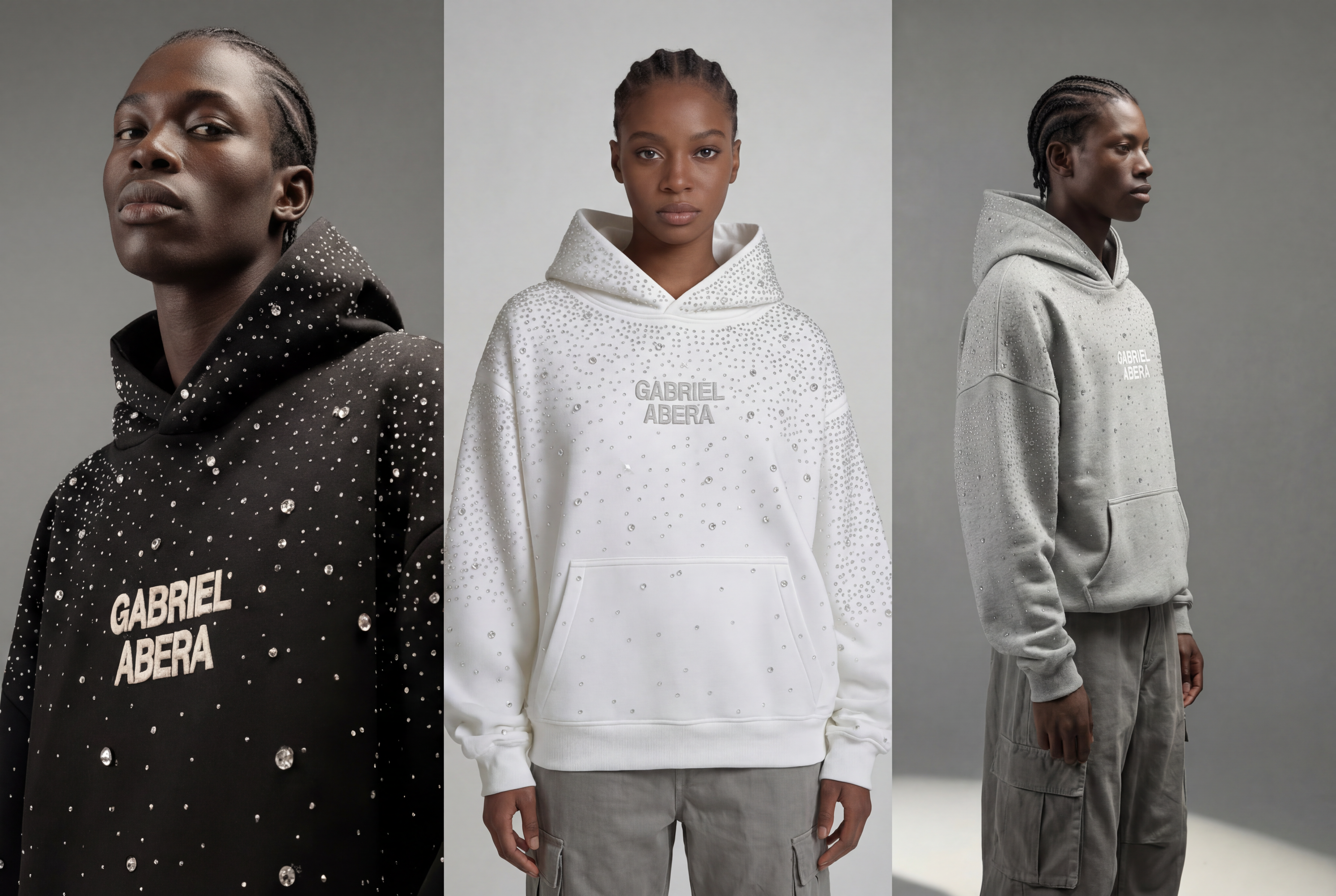 Coverbild mit drei Models zu den drei Rhinestone Hoodies von Gabriel Abera in schwarz, grau und weiß.