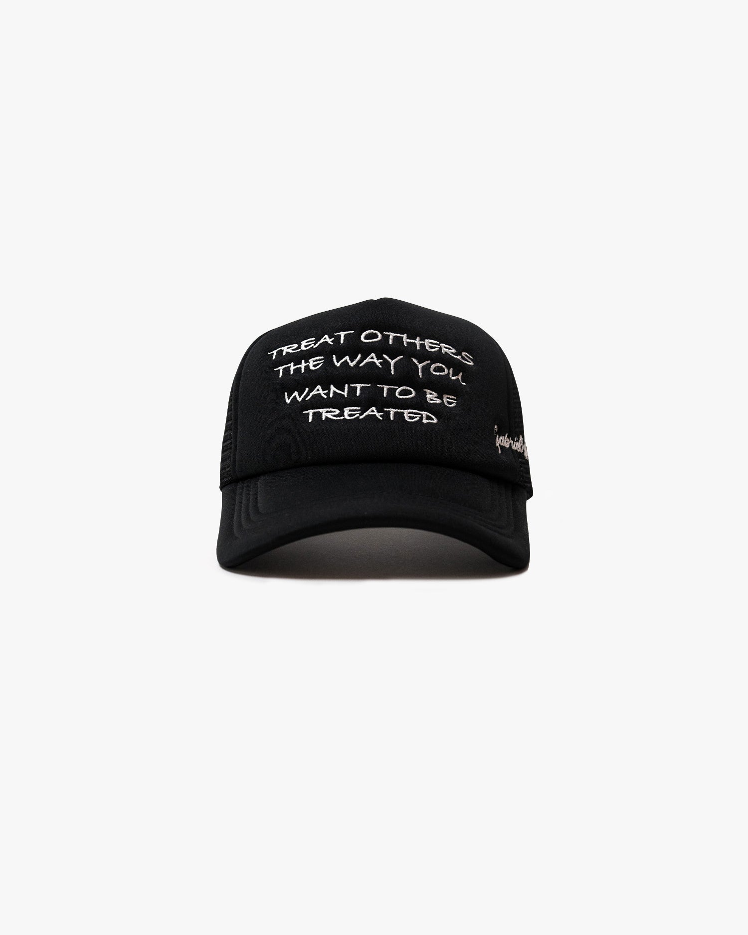 Black foam cap with statement embroidery on the front 