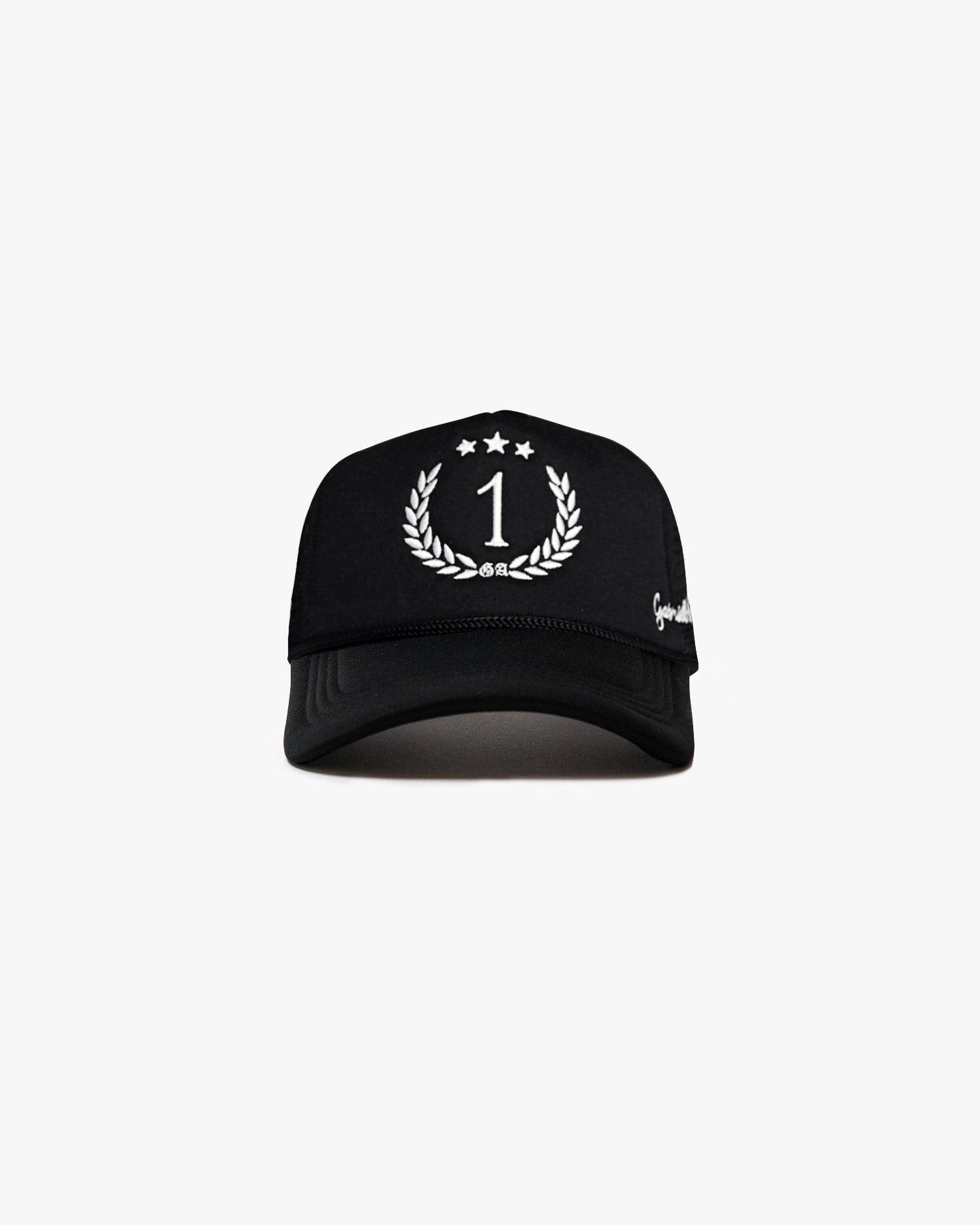 Black cap with white number 1  embroidery in the front