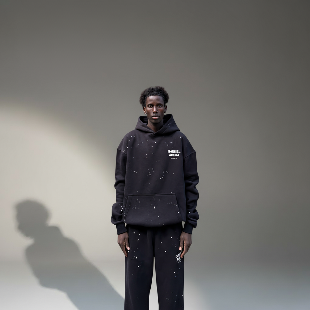 Model trägt GABRIEL ABERA Splattered Puff Hoodie Black/White – Frontansicht, Oversized Fit mit handgemachtem Farbspritzer-Design.