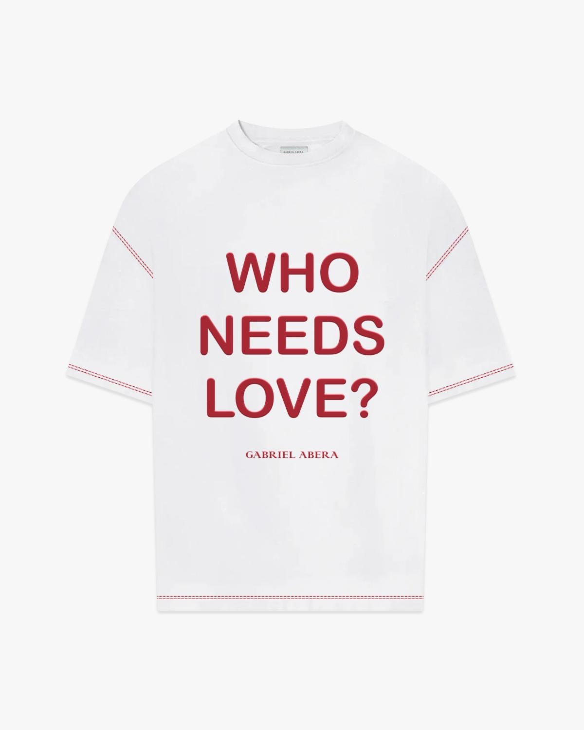 Front view of Grey 'Who Needs Love?' Puff T-Shirt by Gabriel Abera with bold puff print, red seam detail, and oversized streetwear fit.