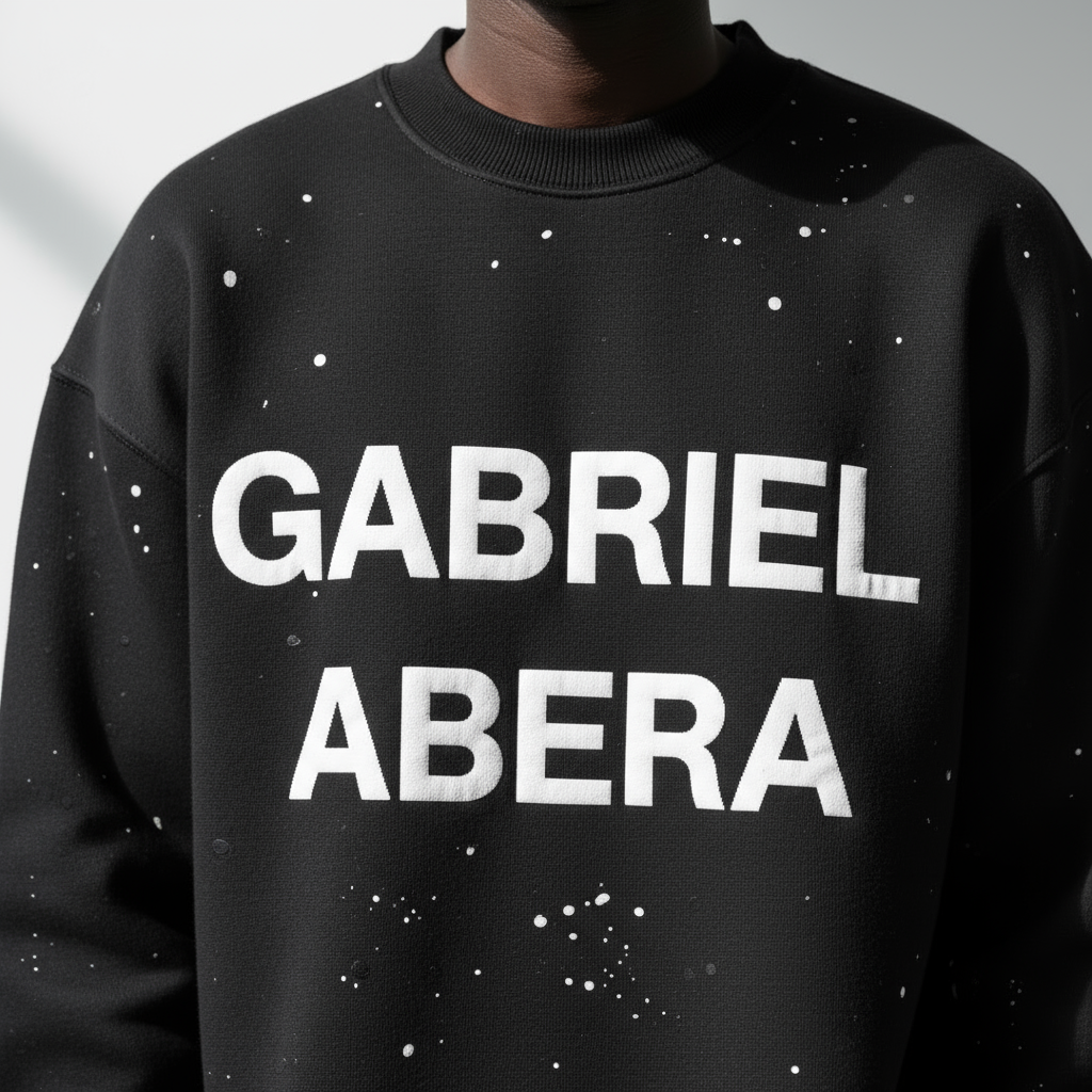 Nahaufnahme des schwarzen GABRIEL ABERA Sweaters mit weißen Farbspritzern und Brust-Logo, getragen von einem Model.