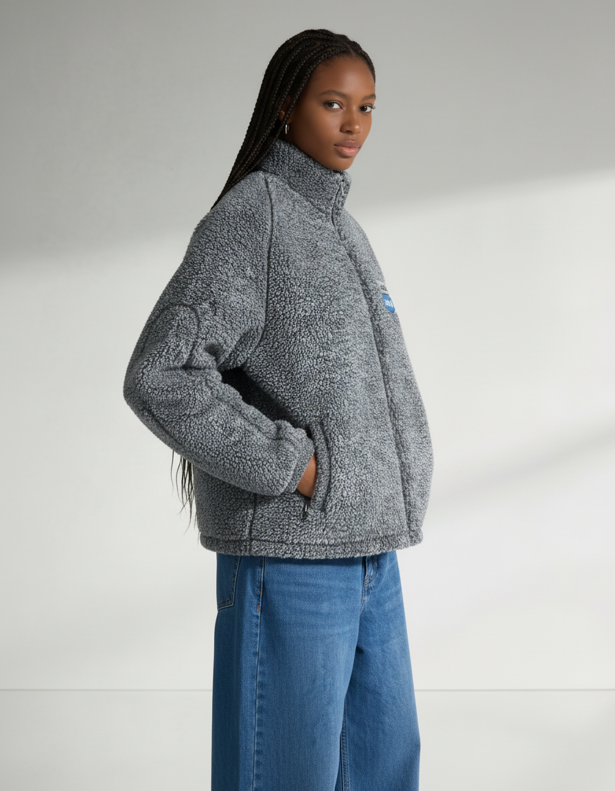 Graue GABRIEL ABERA Fleecejacke auf weiblichen Model in Seitenansicht, weiches Fleece-Material, relaxed Streetwear Fit und Logo-Patch auf der Brust sichtbar