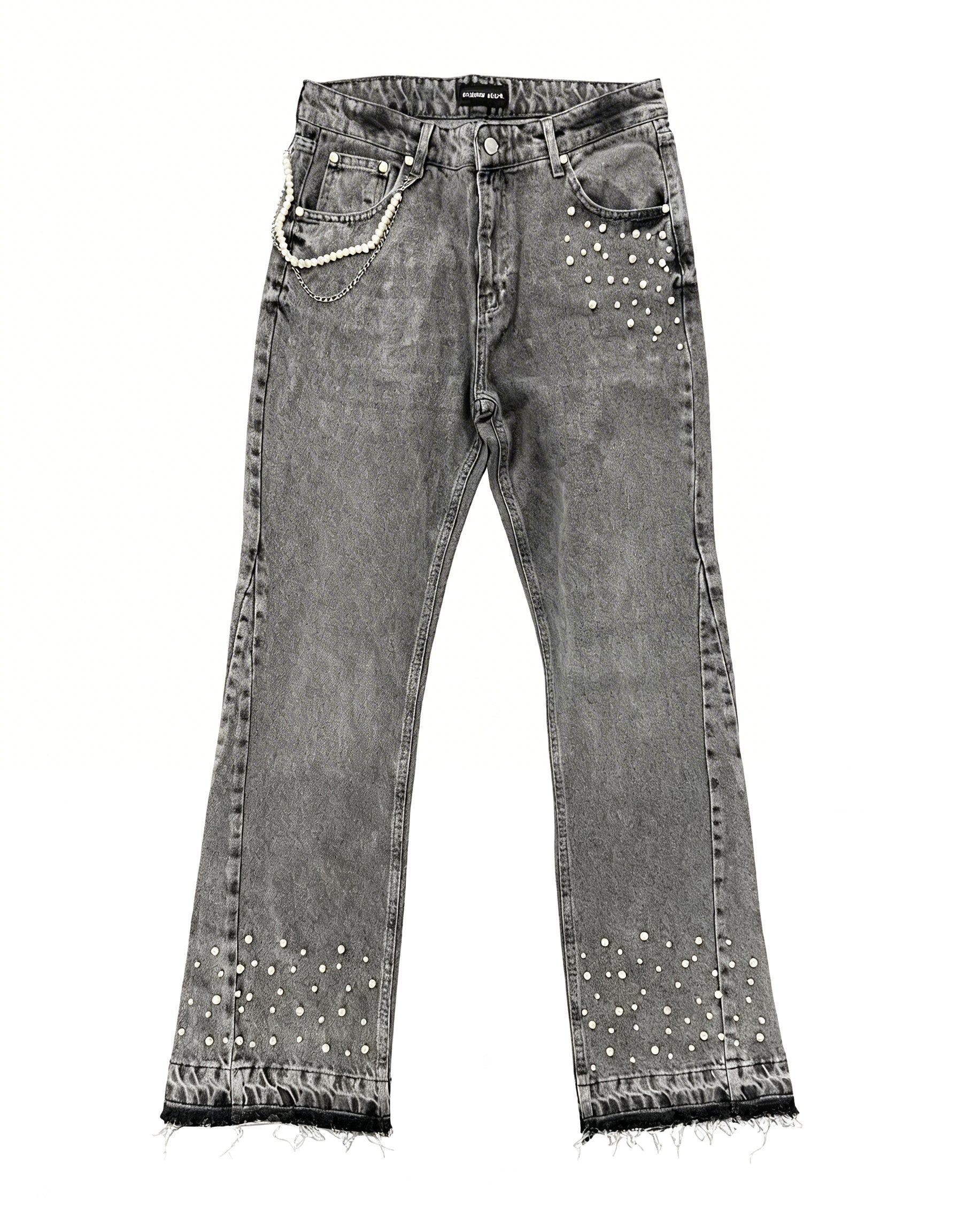 Grey rhinestone denim jeans by GABRIEL ABERA with loose streetwear fit, stonewashed grey fabric and rhinestone embellishments on pocket and hem.