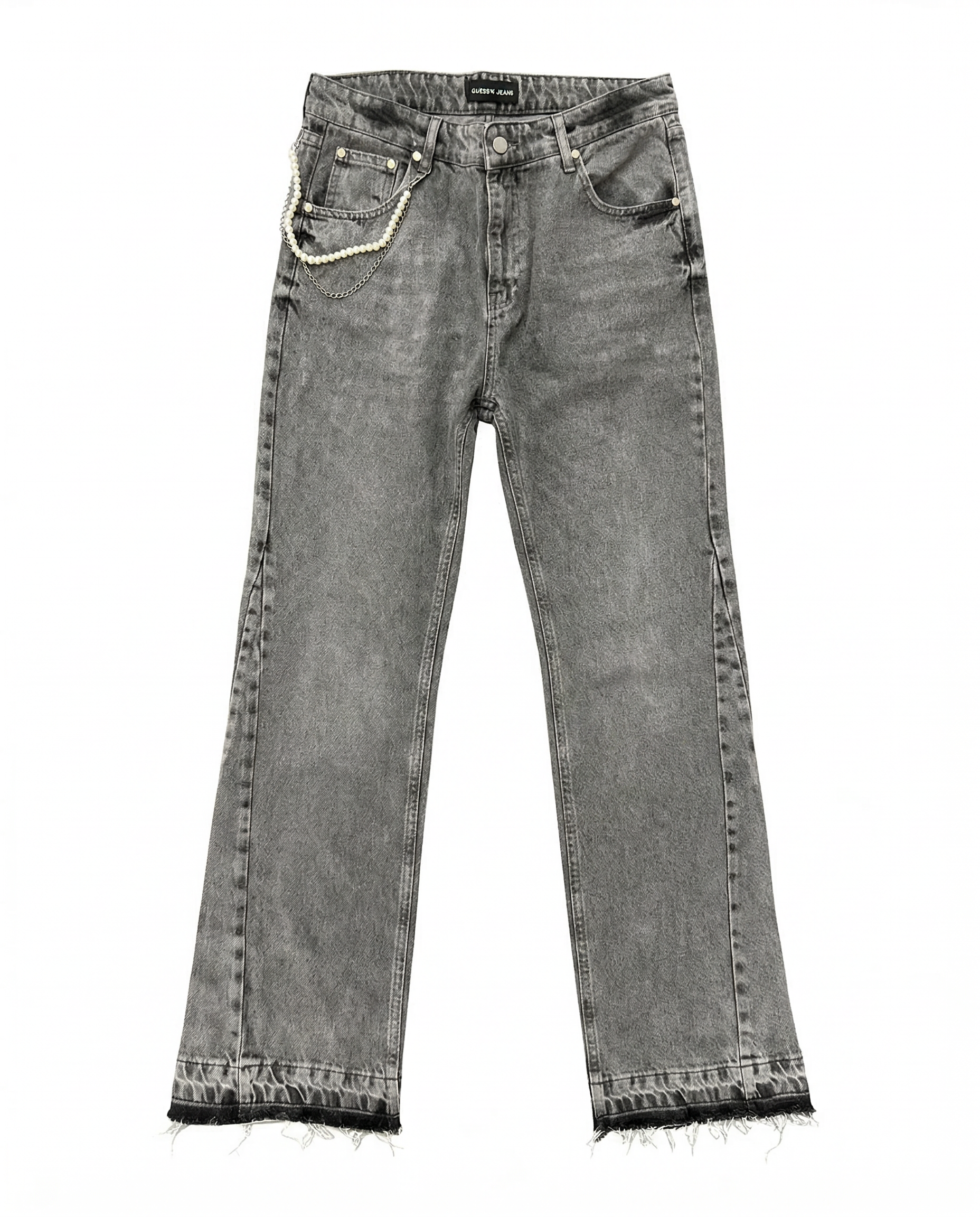 Grey rhinestone denim jeans by GABRIEL ABERA with loose streetwear fit and stonewashed grey fabric featuring rhinestone embellishments.