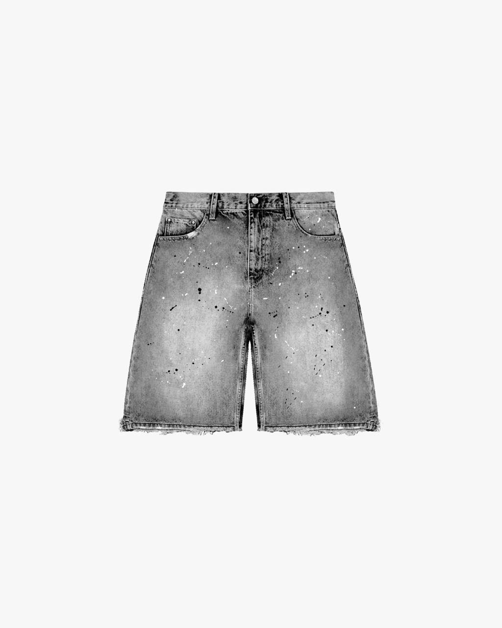 SPLATTERED DENIM JORTS - WASHED GREY