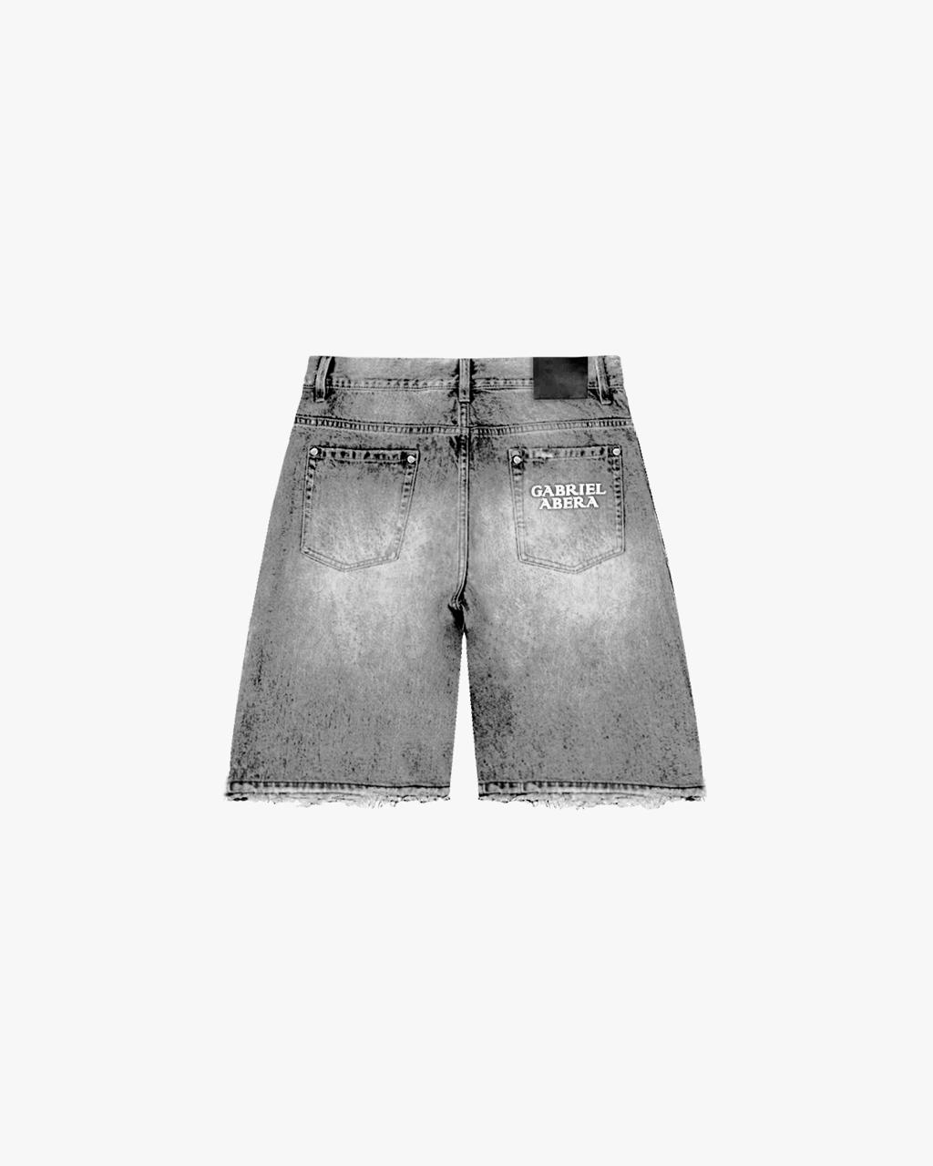 SPLATTERED DENIM JORTS - WASHED GREY