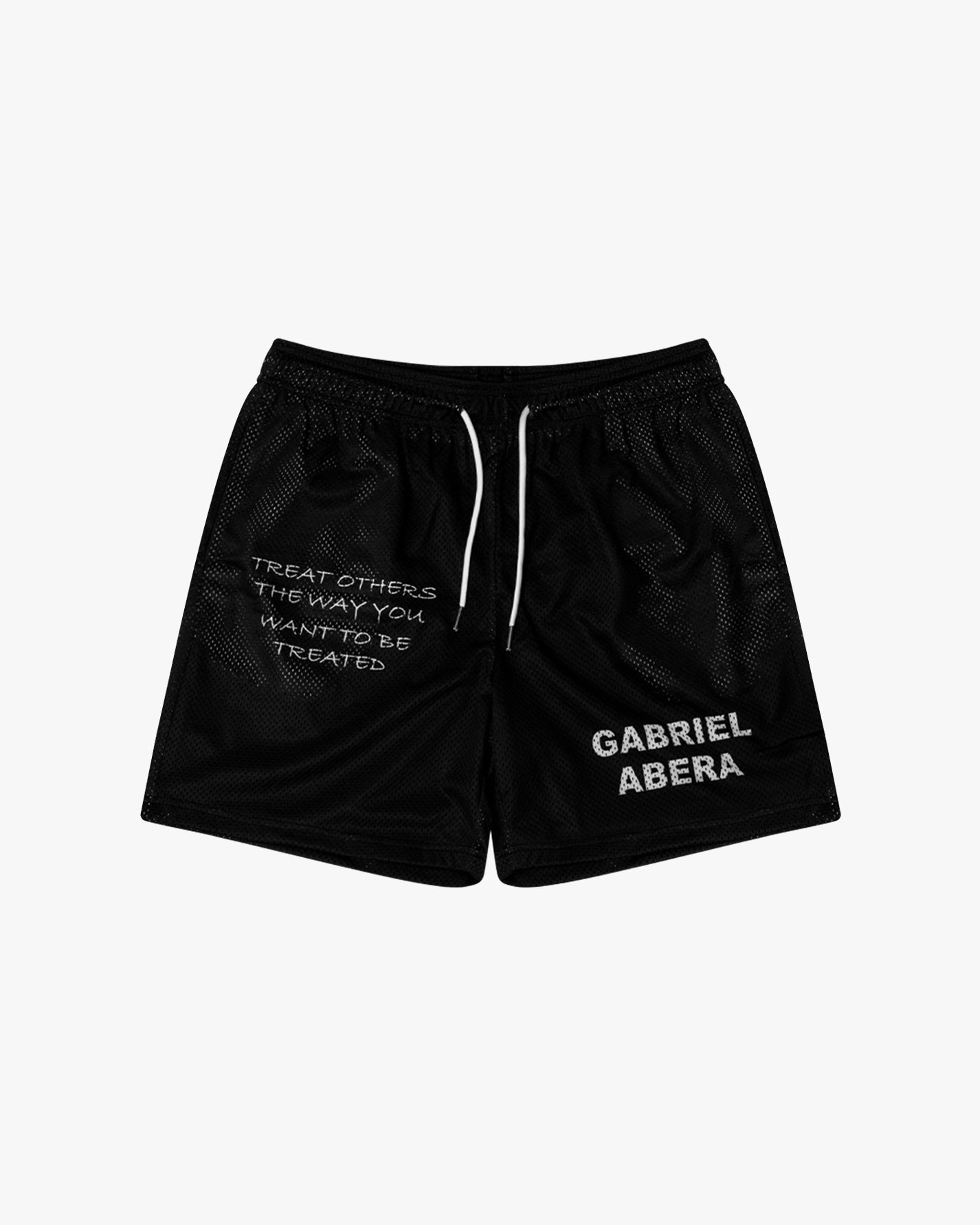 Black mesh shorts with statement print and brandname on the front