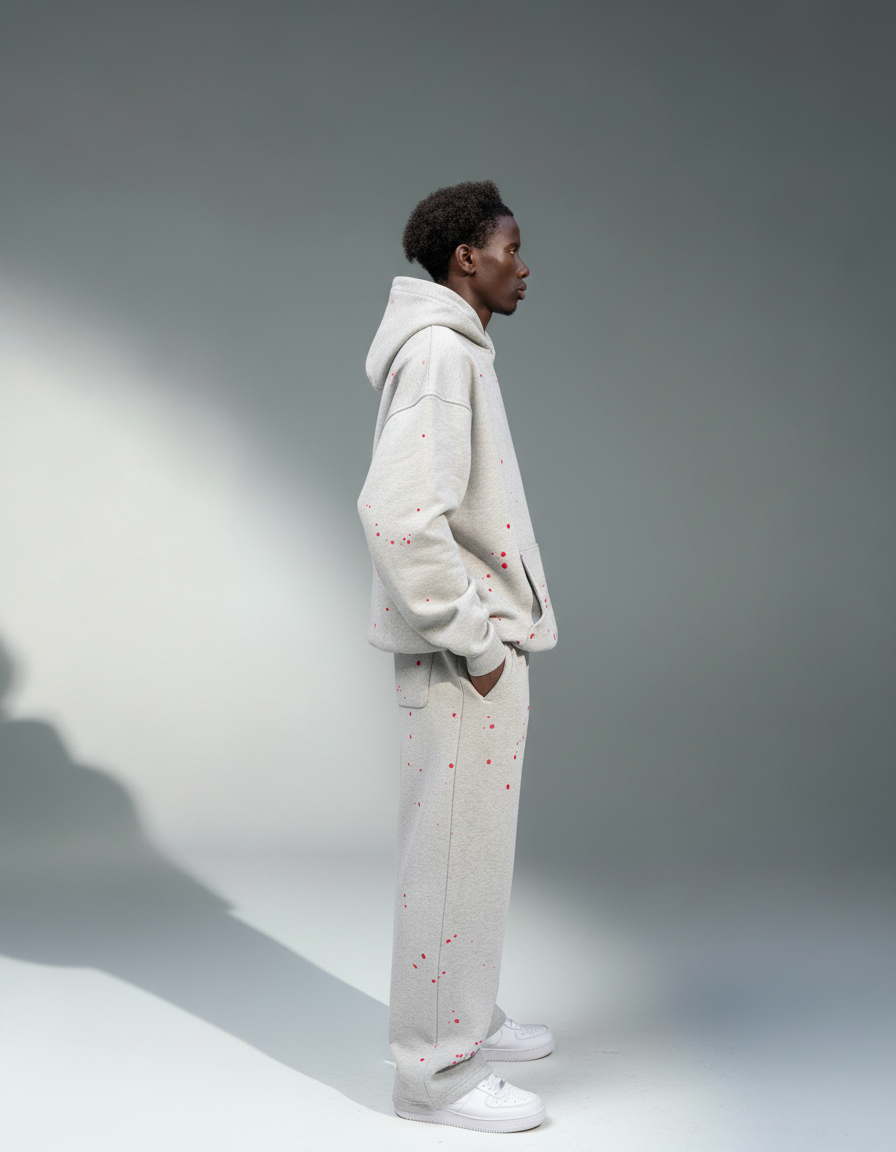 Männliches Model trägt GABRIEL ABERA Splattered Tracksuit mit roten Farbspritzern – Seitansicht im Oversized Streetwear Fit.